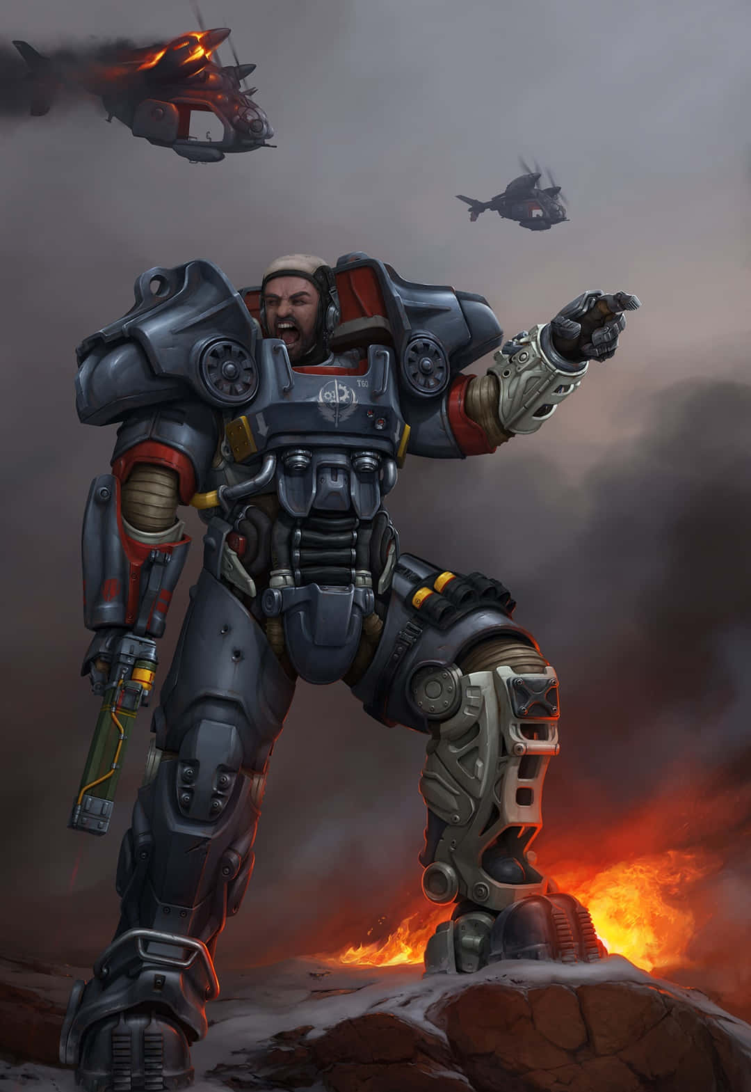 Fallout Brotherhood Of Steel 桌布 壁紙 — 一名身穿重甲的兇猛士兵在火山熔岩和飛行的戰爭機器之間，於煙霧瀰漫的戰場上挑釁地咆哮。
