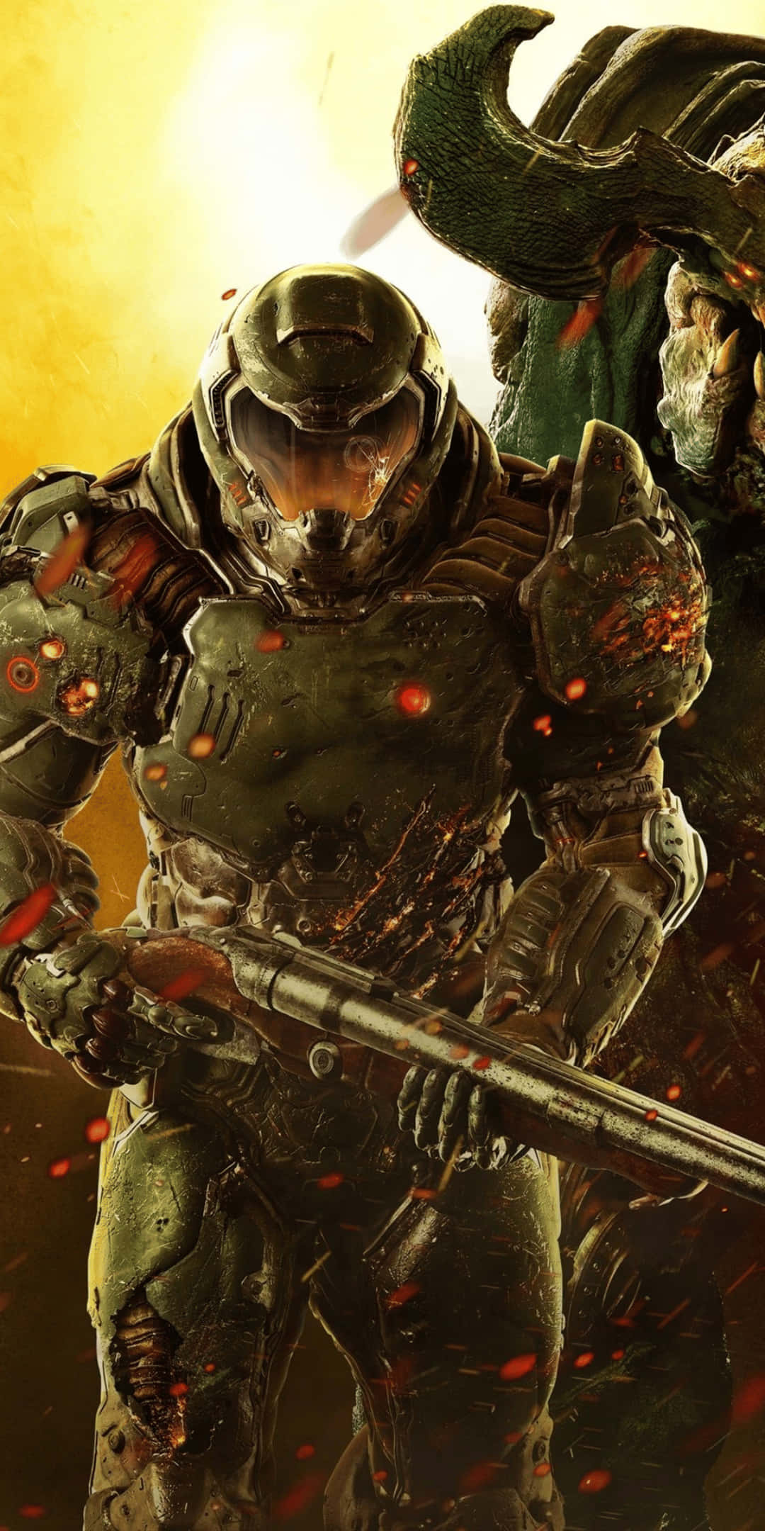 Pixel 3 Doom 桌布 壁紙 — 一名身穿重甲的士兵，戴著發光的橙色護目鏡，手持霰彈槍，在金色背景下紅色火花四濺中準備就緒。