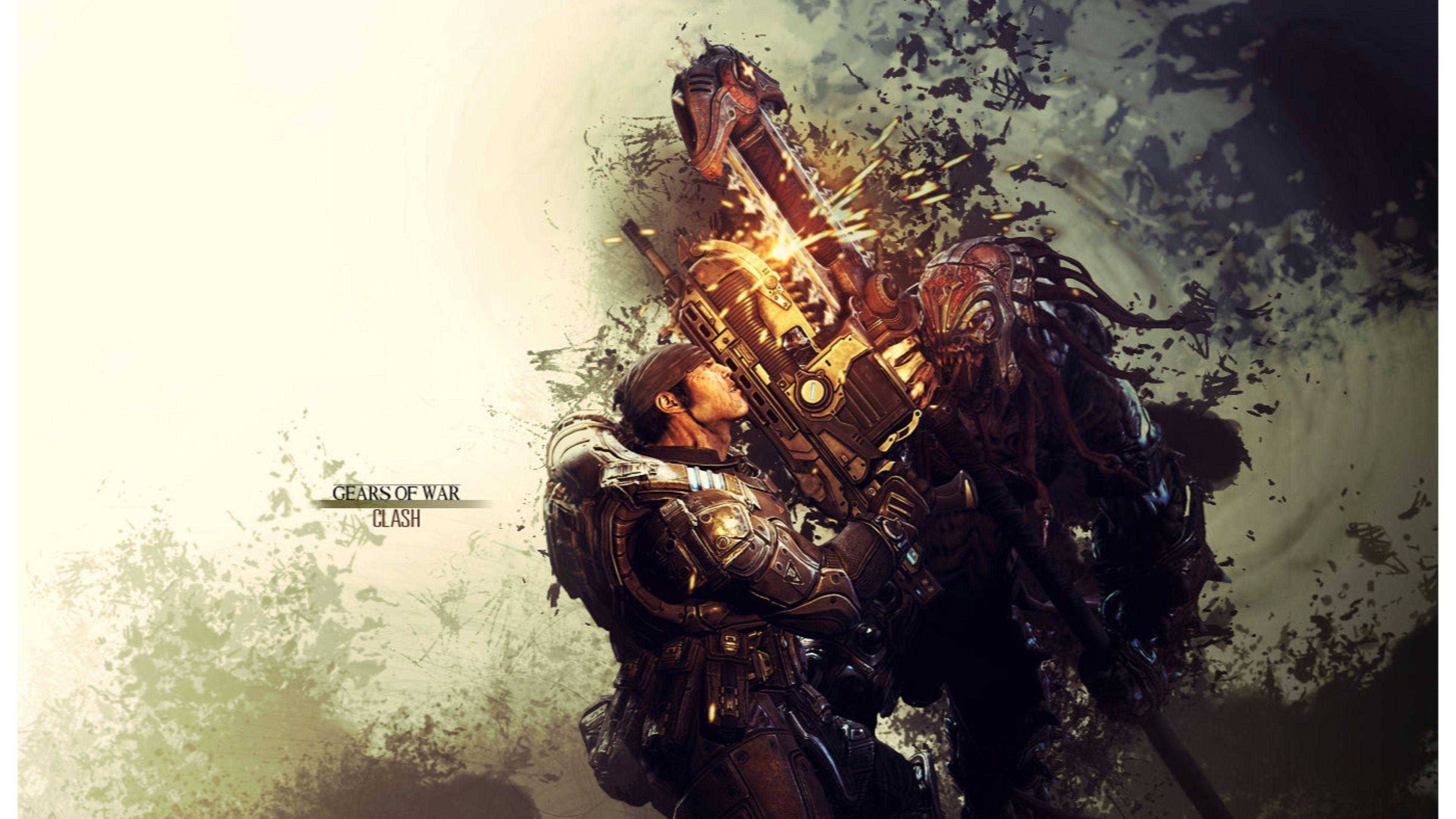 Gears Of War 桌布 壁紙 — 一名身穿重甲的士兵在 gritty、動作感十足的場景中，用巨大的鏈砲射擊一隻怪異的外星生物。