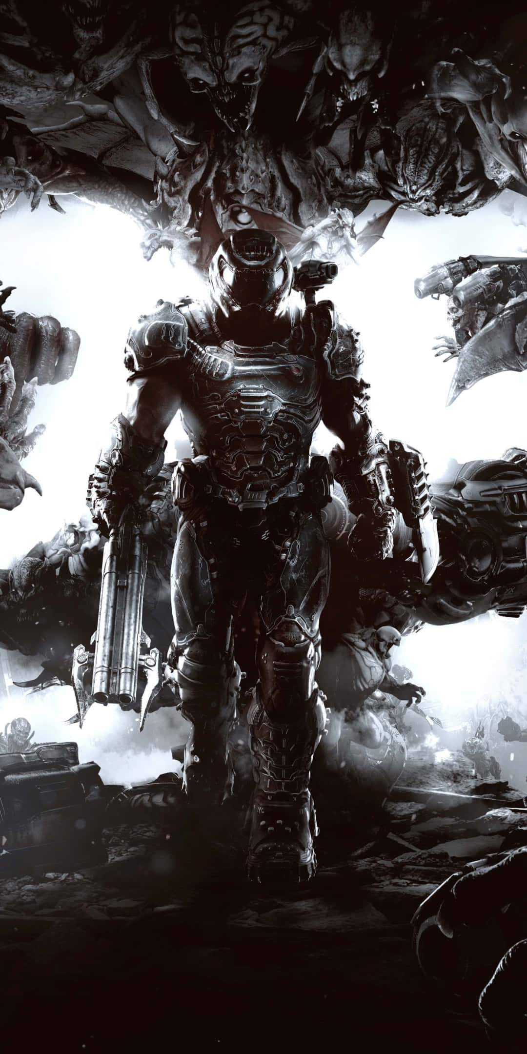 Pixel 3 Doom 桌布 壁紙 — 一名身穿重甲的士兵在一個高對比度的黑白場景中，挑釁地站在一群怪異的外星生物背景前。