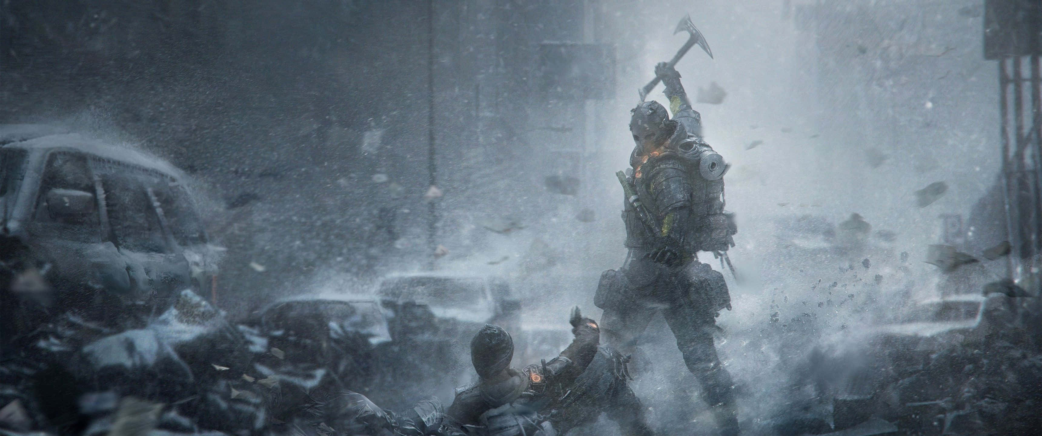 3440x1440p Rainbow Six Siege 桌布 壁紙 — 一名身穿重甲的士兵在廢墟城市戰場的暴風雪中揮舞斧頭，周圍有被毀的車輛。