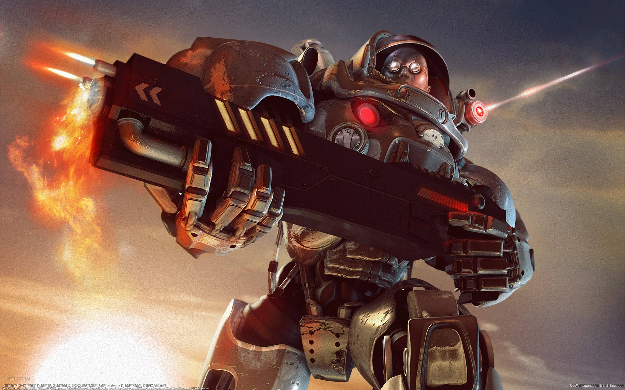 Starcraft 2 桌布 壁紙 — 一名身穿重甲的士兵在戲劇性的日落天空背景下，發射一把帶有火焰槍口閃光的巨大武器。