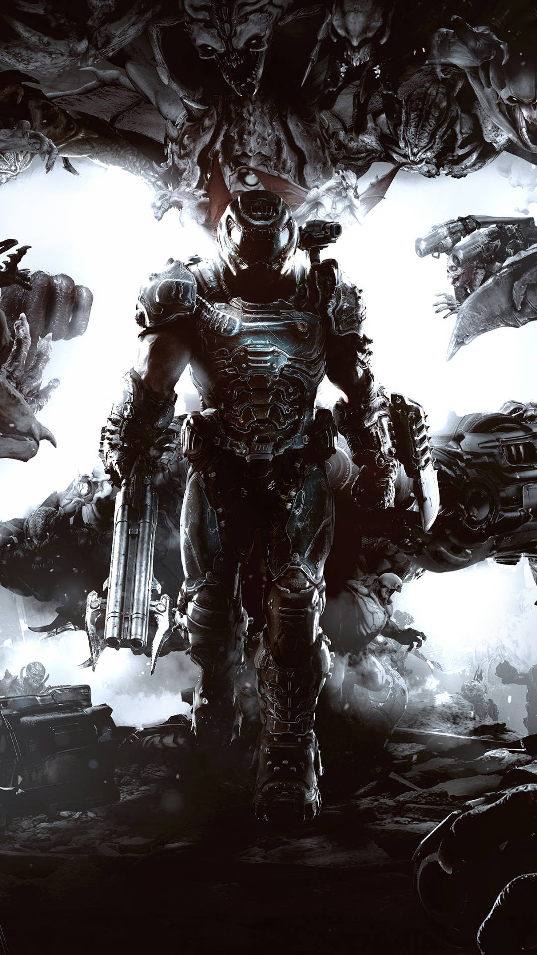 Doom Game 桌布 壁紙 — 一名身穿重甲的士兵在黑暗、粗糙的科幻戰場上，以怪獸般的外星生物為背景，挑釁地站立著。