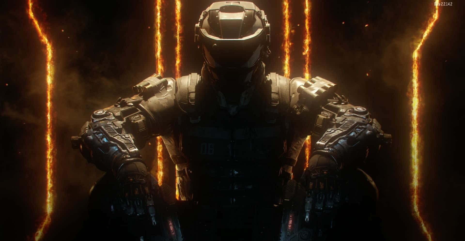 Call Of Duty Black Ops 桌布 壁紙 — 一名身穿重甲的士兵站在一個黑暗的房間中，房間被發光的橙色垂直能量光束框住。