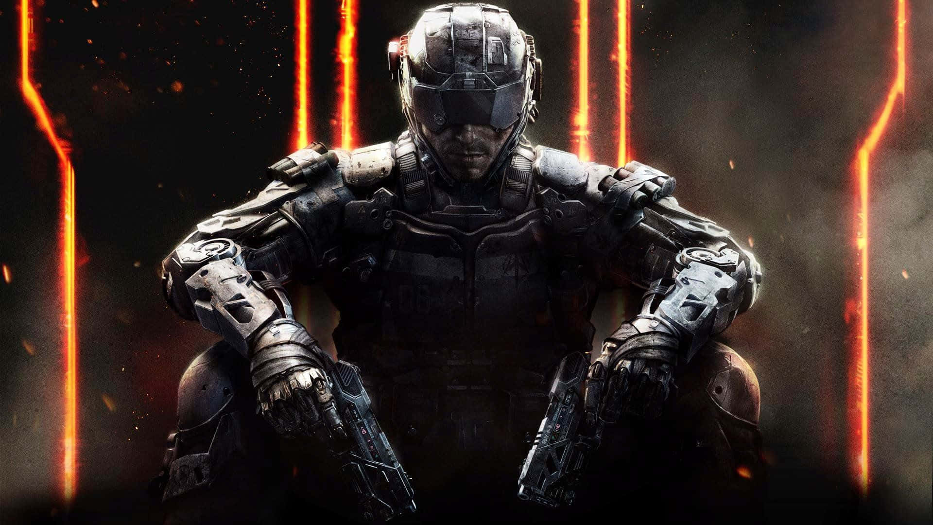 Black Ops 3 桌布 壁紙 — 一名身穿重甲的士兵蹲伏在黑暗環境中，身後有發光的橙色垂直光束和飛濺的火花。