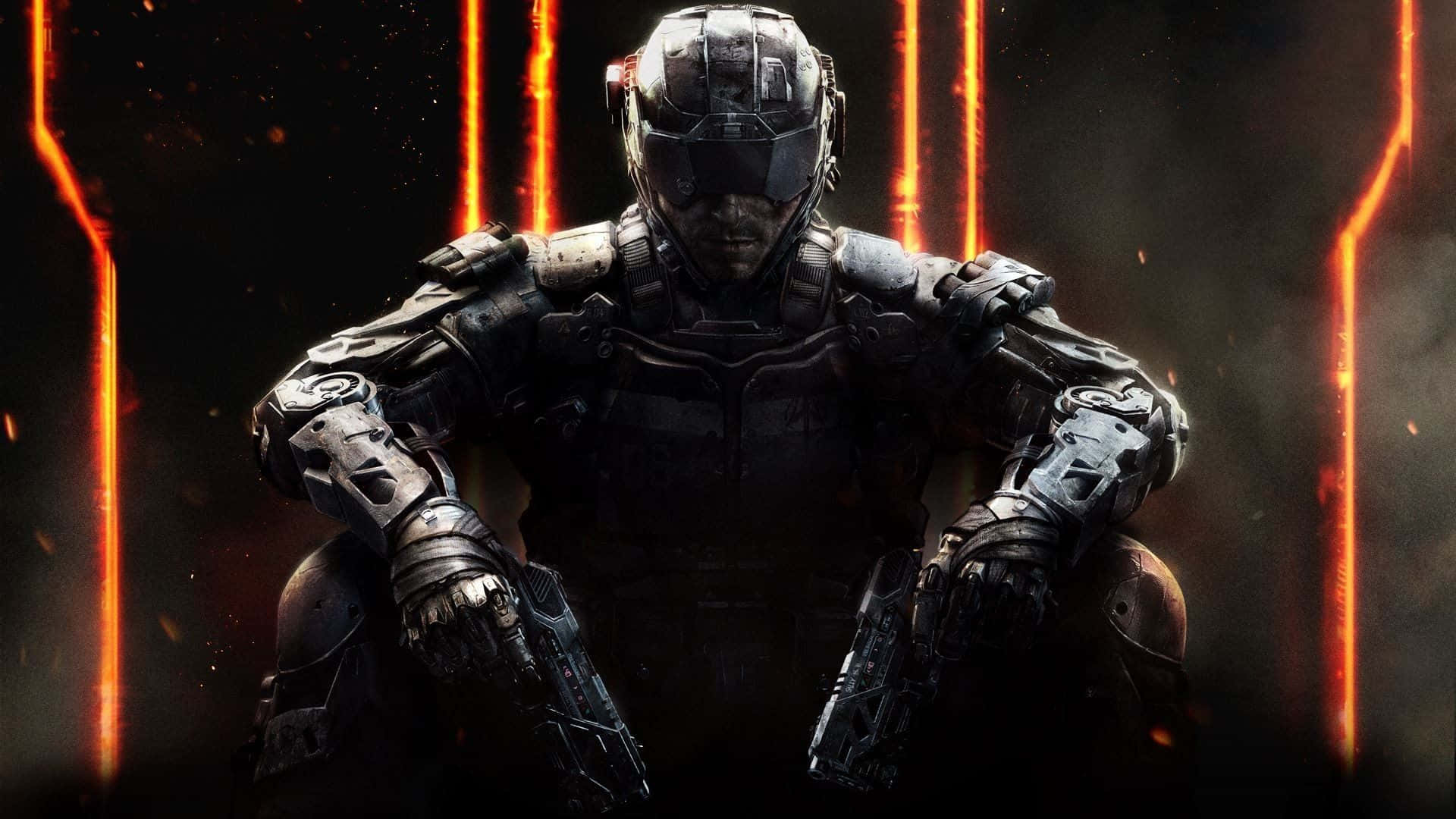 Call Of Duty Black Ops 桌布 壁紙 — 一名身穿重甲的士兵蹲在陰影中，身後有發光的橙色垂直光束和飛舞的火星。