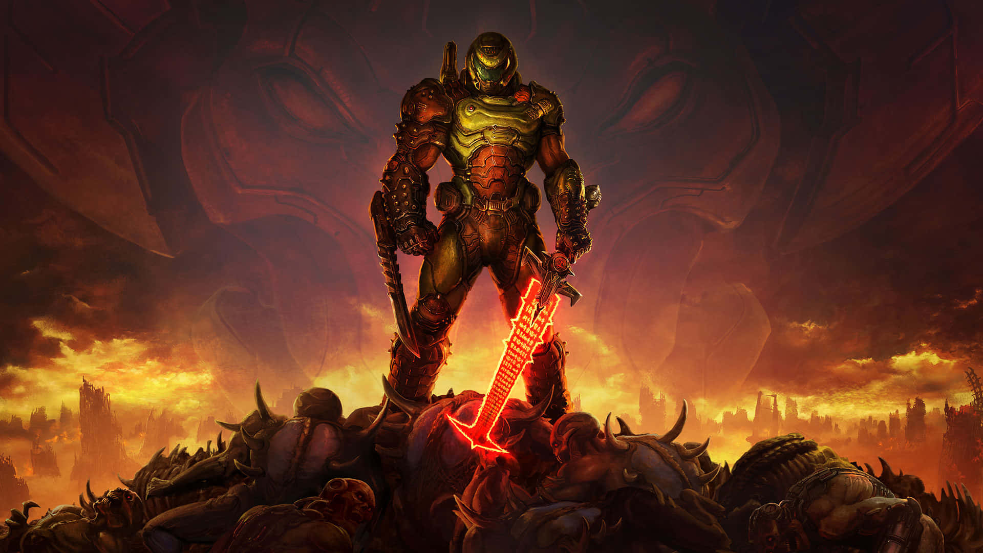 Doom Eternal HD 桌布 壁紙 — 一名身穿重甲的戰士勝利地站在一堆被擊敗的敵人之上，手持一把發光的紅色劍，背景是熾熱的末日天空。
