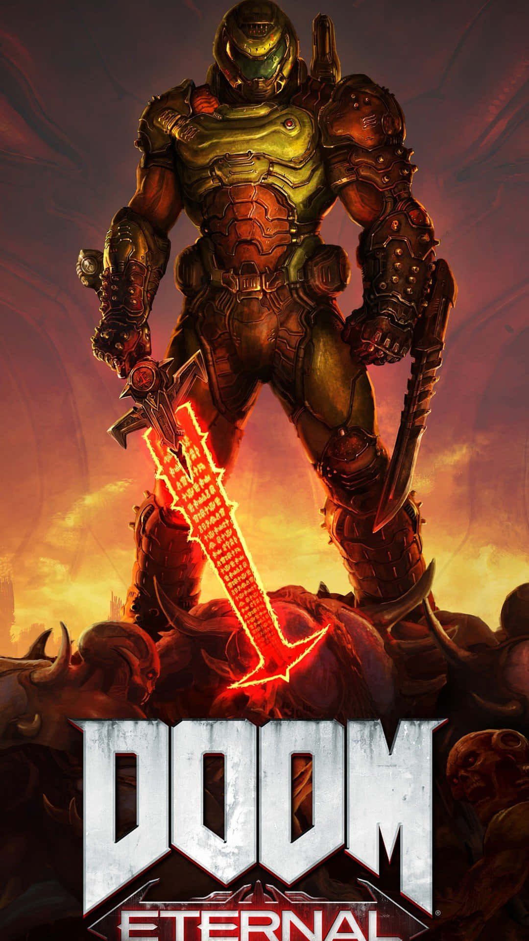 Doom Eternal 桌布 壁紙 — 一名身穿重甲的戰士勝利地站在被擊敗的惡魔之上，手持一把發光的紅色劍，背景是熾熱的日落。