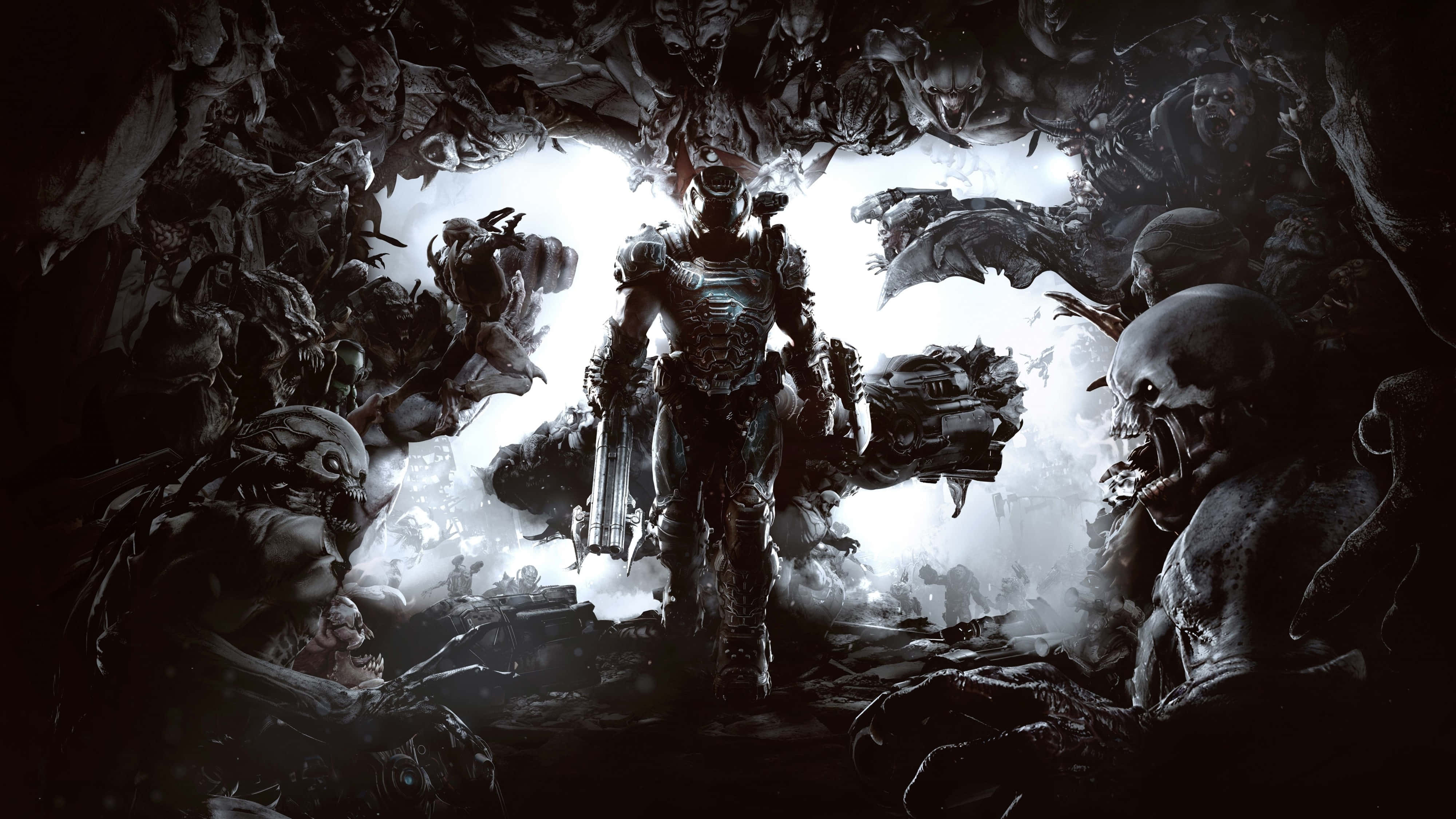 Doom Eternal 4K 桌布 壁紙 — 一名身穿重甲的戰士在滿是怪異外星生物的隧道中屹立不倒，背後的刺眼白光將其輪廓映照成剪影。
