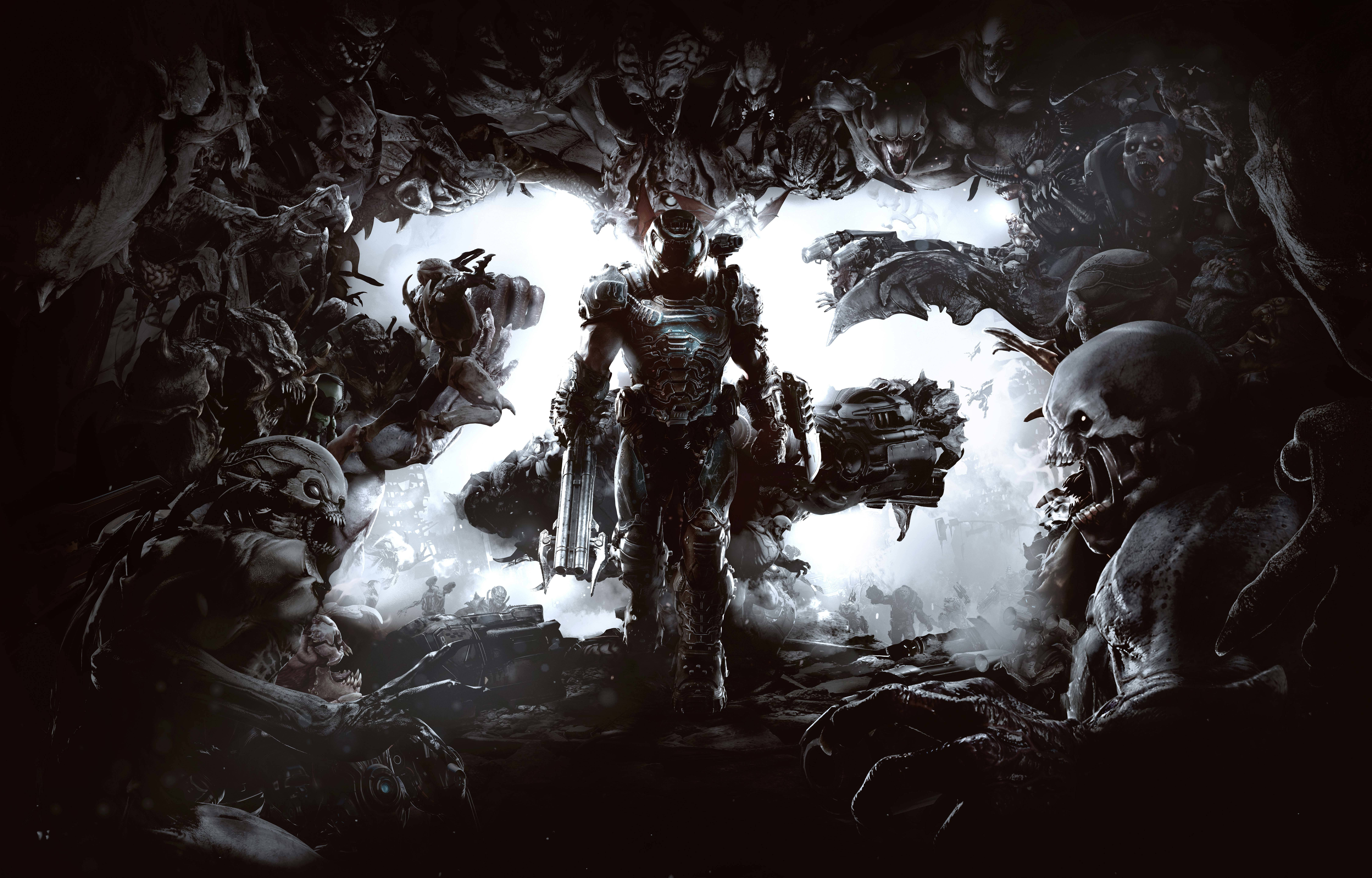 Doomguy 桌布 壁紙 — 一名身穿重甲的戰士在黑暗隧道中，被怪誕的怪物身影包圍，傲然挺立。