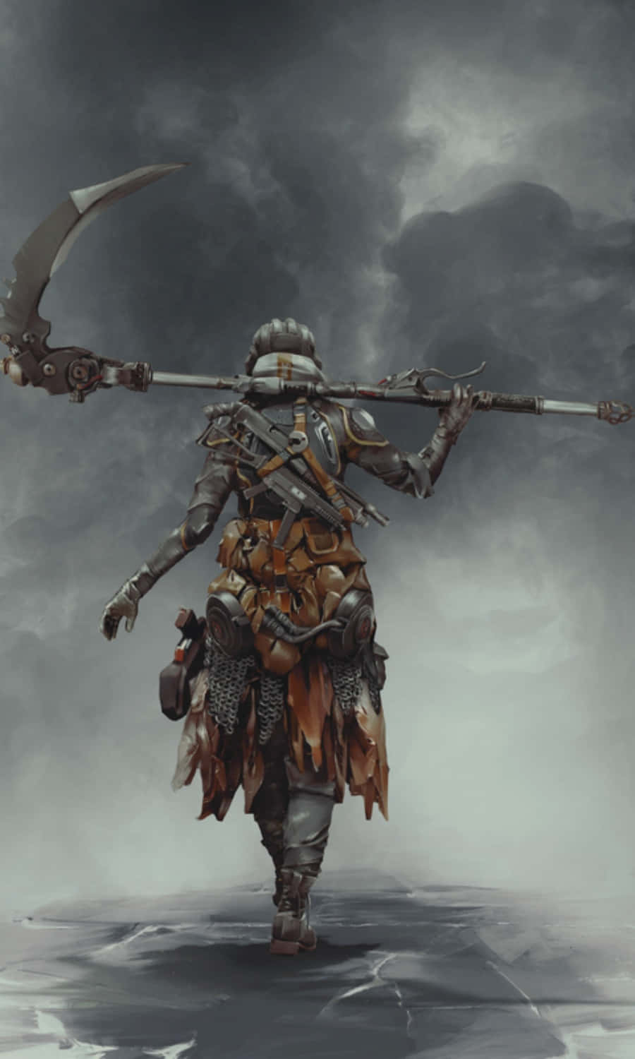 Ashen 桌布 壁紙 — 一名身穿重甲的戰士手持巨大的彎曲鐮刀，在暴風雨的灰色天空下走遠。