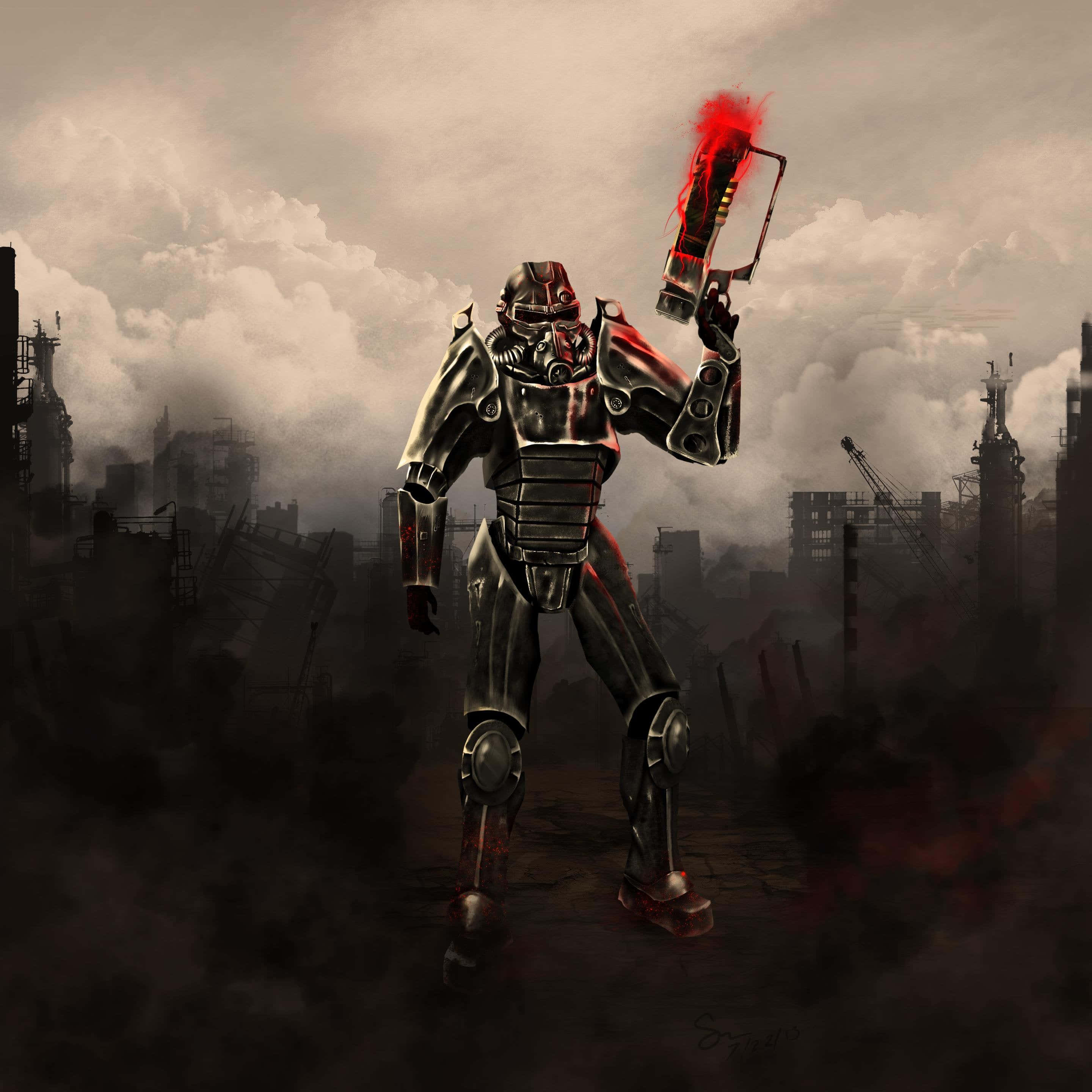Fallout Brotherhood Of Steel 桌布 壁紙 — 一名身穿重甲的戰士站在廢墟城市中，在煙霧瀰漫的廢墟中手持一把發光的紅色武器。