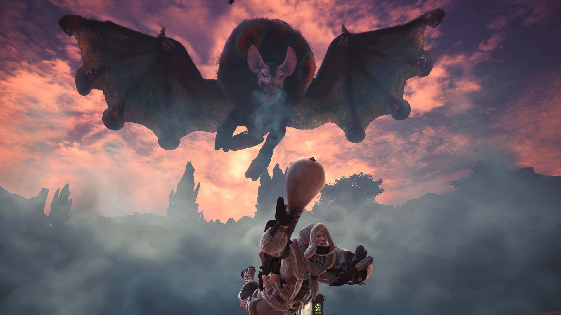Monster Hunter Monsters 桌布 壁紙 — 一名身穿重甲的戰士面對著一隻巨大的蝙蝠狀生物，在熾熱的夕陽天空下翱翔。