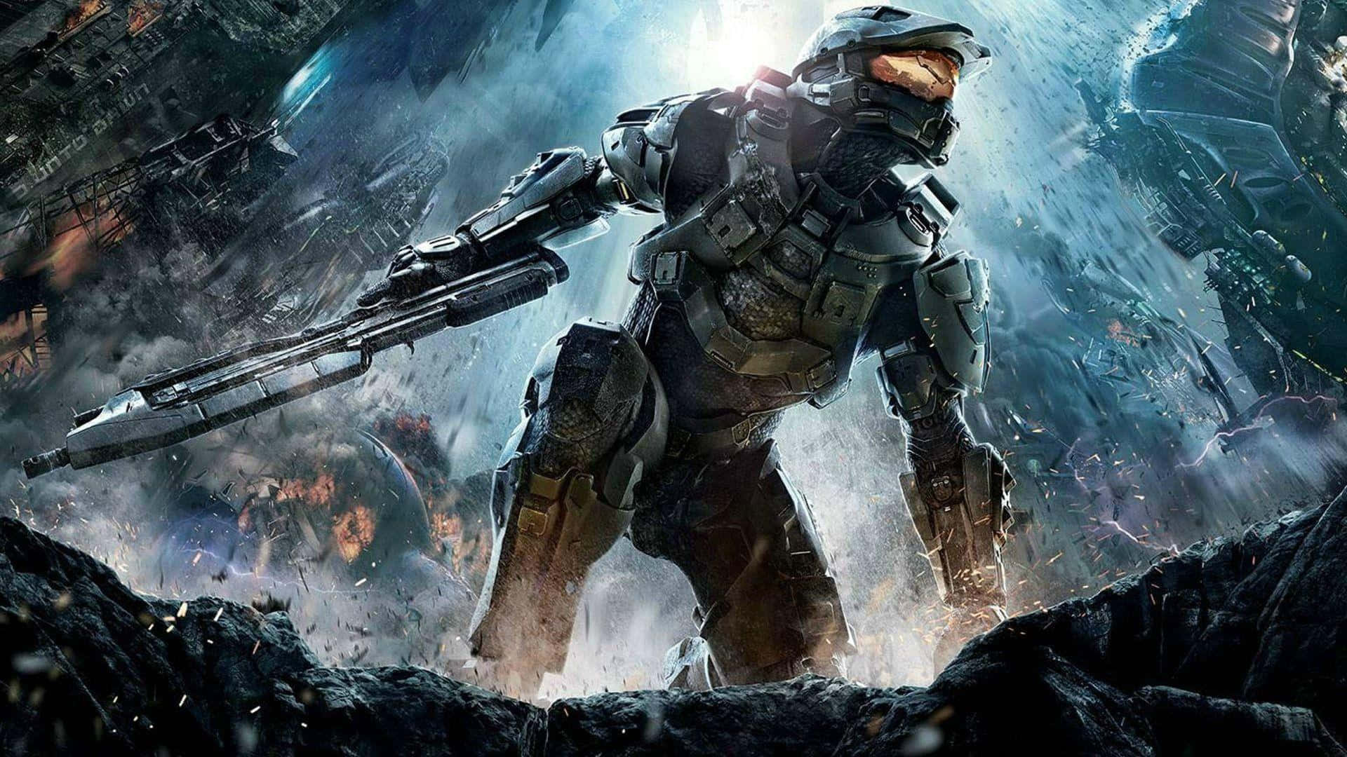 Xbox Games 桌布 壁紙 — 一名身穿重甲的斯巴達戰士在爆炸和碎片四散的破碎戰場上，挑釁地站著。