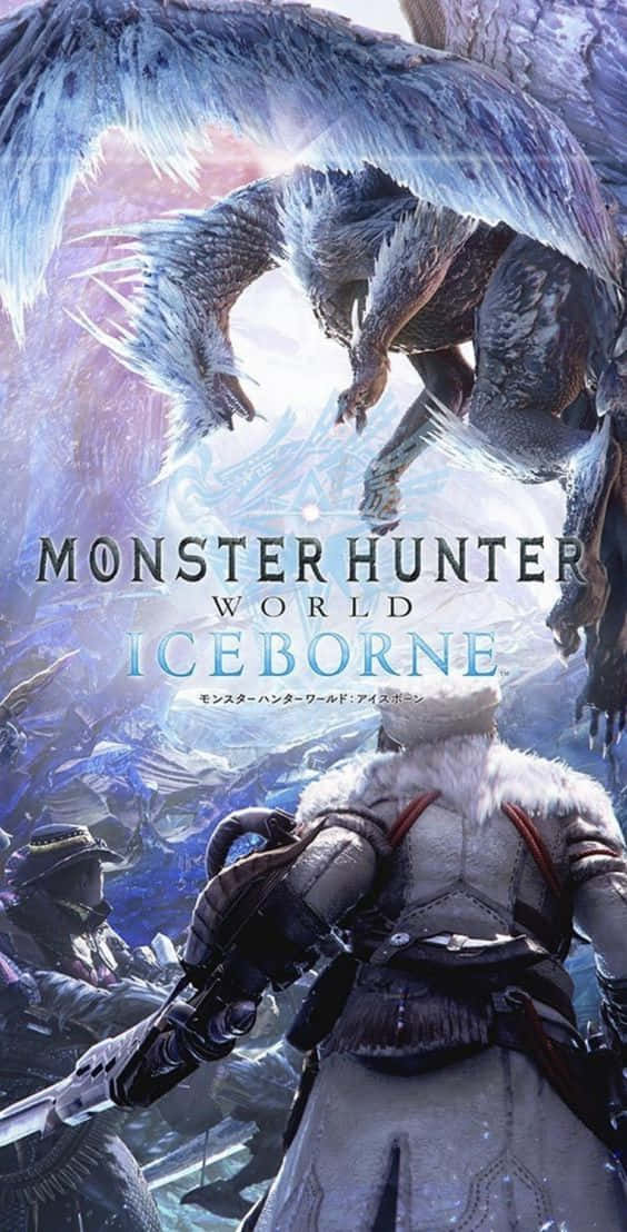 iPhone Xs Monster Hunter World 桌布 壁紙 — 一名身穿重甲的獵人，在雪山背景下，面對一隻擁有發光翅膀的巨大冰龍。
