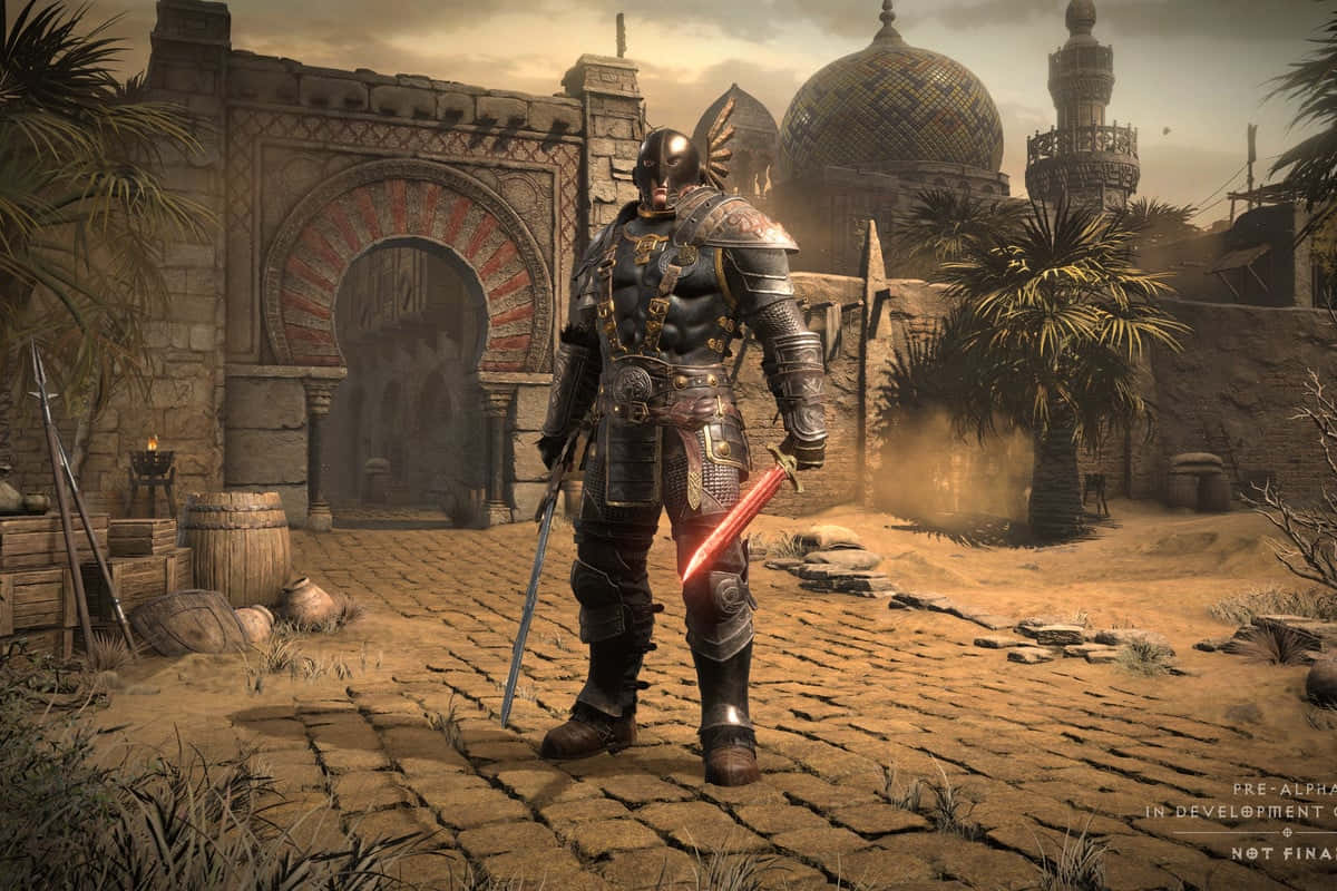 Diablo 2 Resurrected 桌布 壁紙 — 一名身穿重甲的騎士站在沙漠小鎮中，小鎮有圓頂建築和棕櫚樹，天空朦朧。