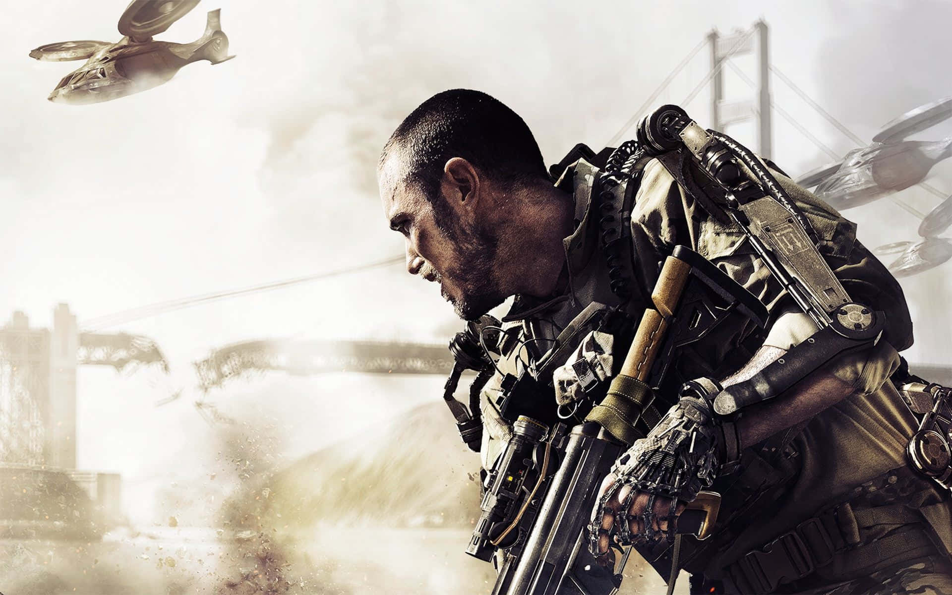 Cod 桌布 壁紙 — 一名身穿重裝備的士兵在煙霧和飛越橋樑的直升機中瞄準武器。