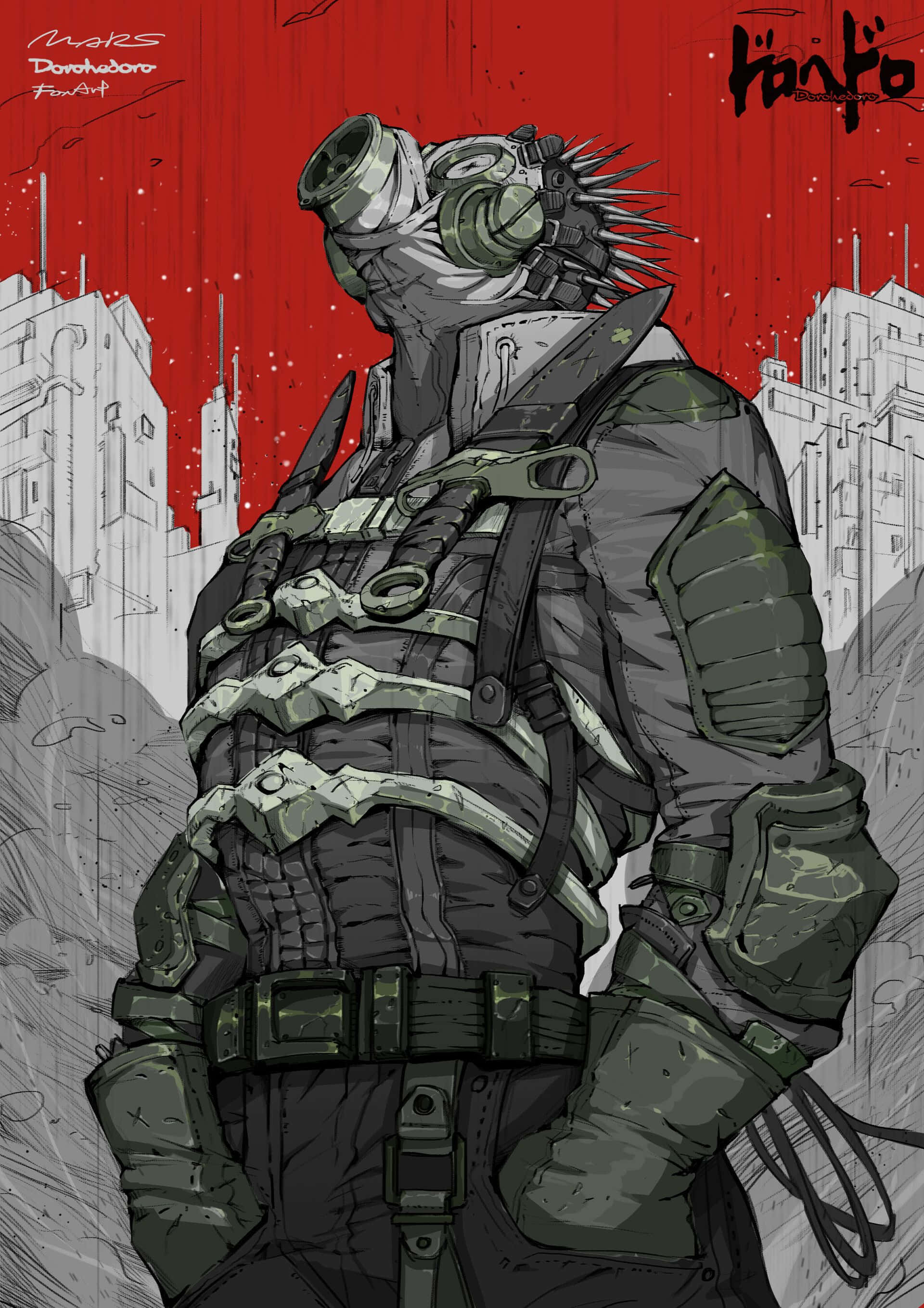 dorohedoro 桌布 壁紙 — 一名身穿重裝甲、戴著防毒面具的士兵，站在廢墟城市景觀中，背景是鮮紅色的天空。
