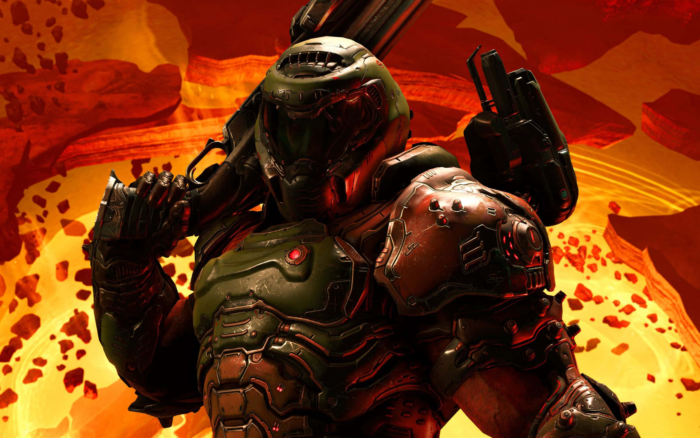 doom HD 桌布 壁紙 — 一名身穿重裝甲的太空陸戰隊員，在充滿熔岩和熾熱熔岩的火熱外星景觀中，挑釁地站立著。