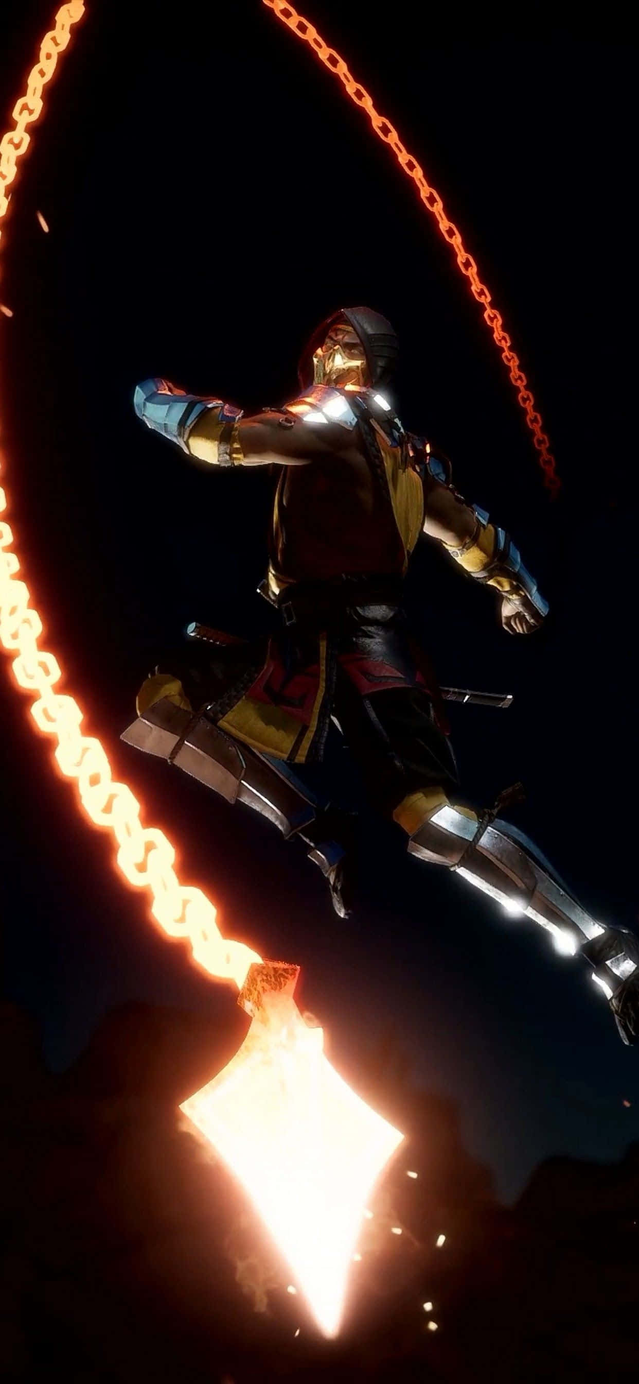 Mortal Kombat iPhone 桌布 壁紙 — 一名身穿金屬盔甲的戰士在黑暗背景下揮舞著燃燒的鏈條武器，火花四濺。