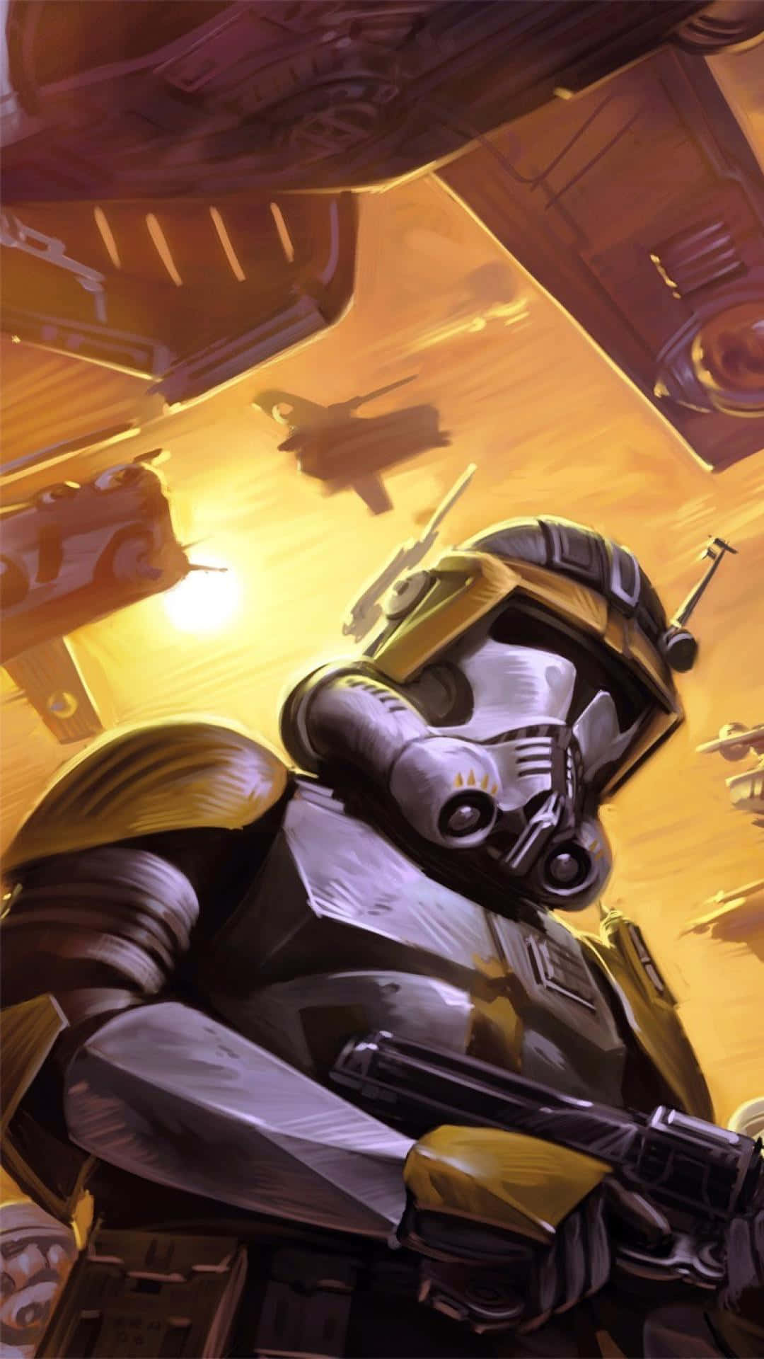 Star Wars Clone Troopers 桌布 壁紙 — 一名身穿金色和白色盔甲的克隆人士兵在光線昏暗的太空船機庫中手持爆能槍準備就緒。