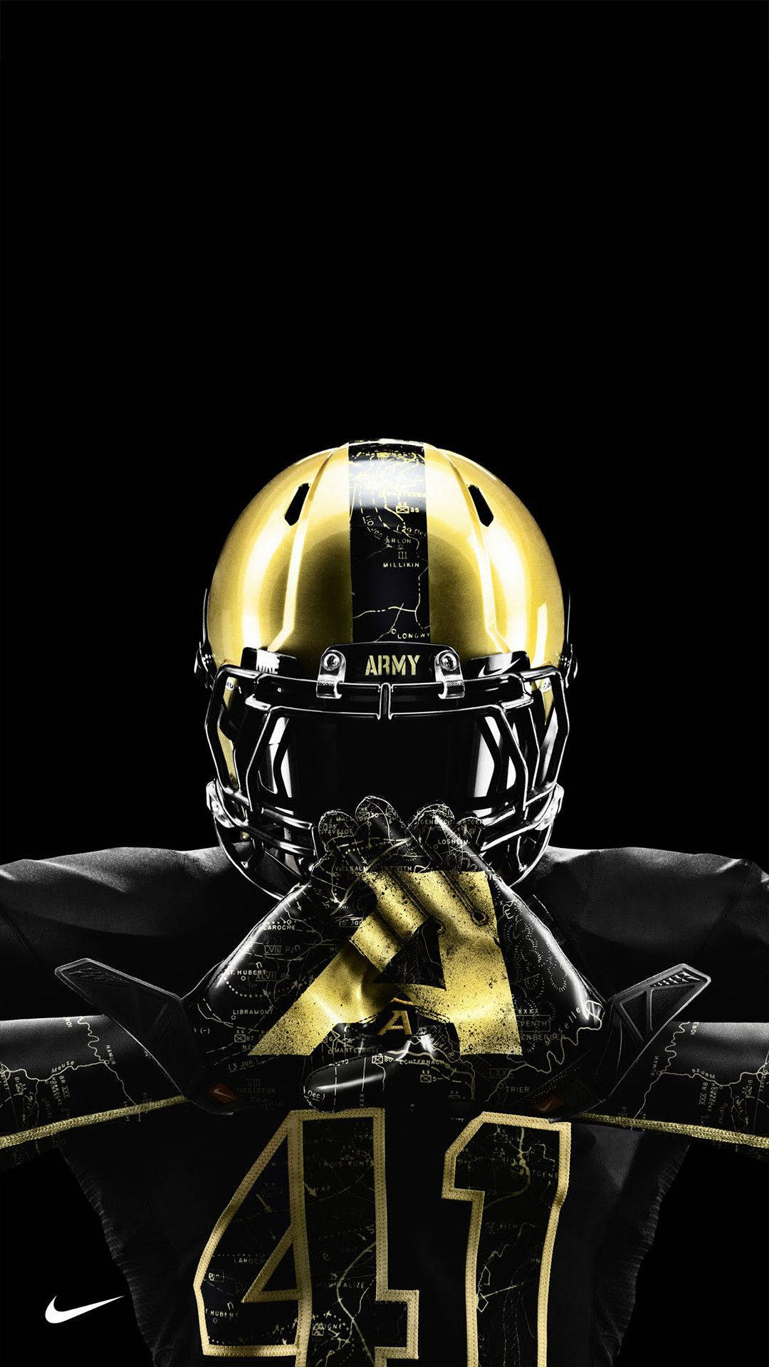 Football Players 桌布 壁紙 — 一名身穿金色和黑色陸軍頭盔及41號球衣的足球員，在黑色背景前雙手合十放在臉上。