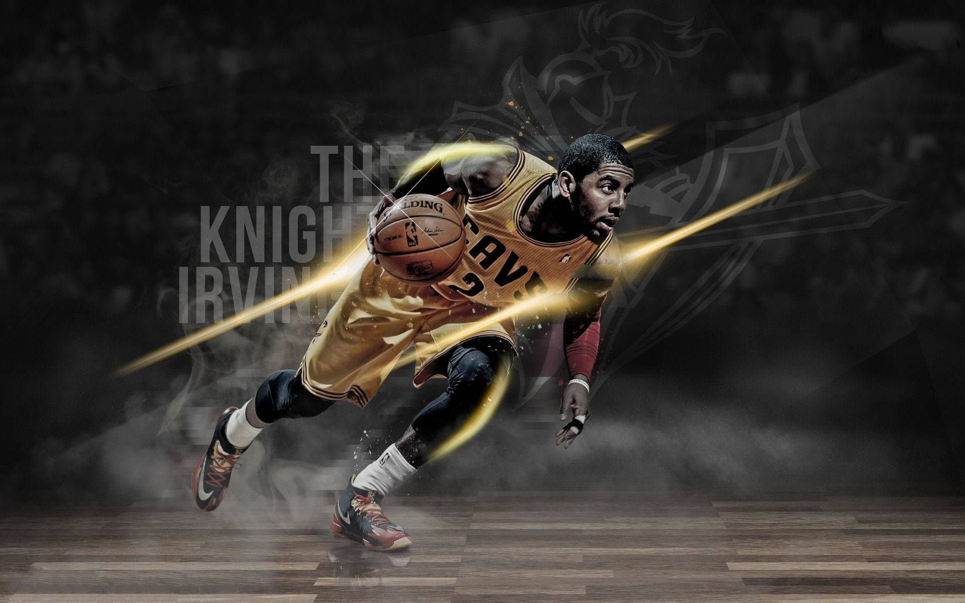 Kyrie 桌布 壁紙 — 一名身穿金色球衣的籃球運動員在黑暗煙霧彌漫的球場上運球，帶有動態運動線條和發光效果。