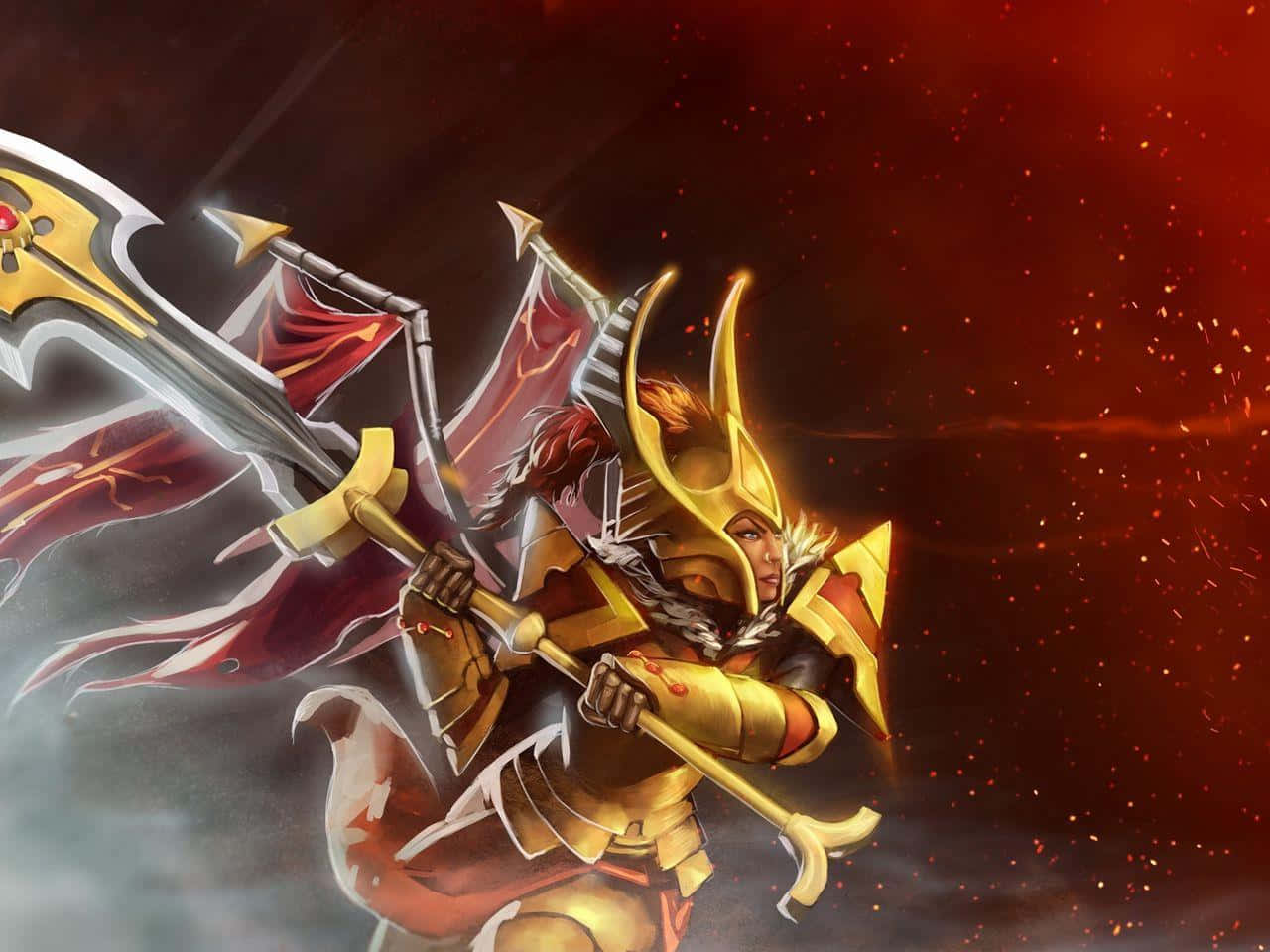Legion Commander 桌布 壁紙 — 一名身穿金色盔甲的兇猛戰士，在熾熱的紅色宇宙背景下，揮舞著發光的斧頭，周圍漂浮著餘燼。