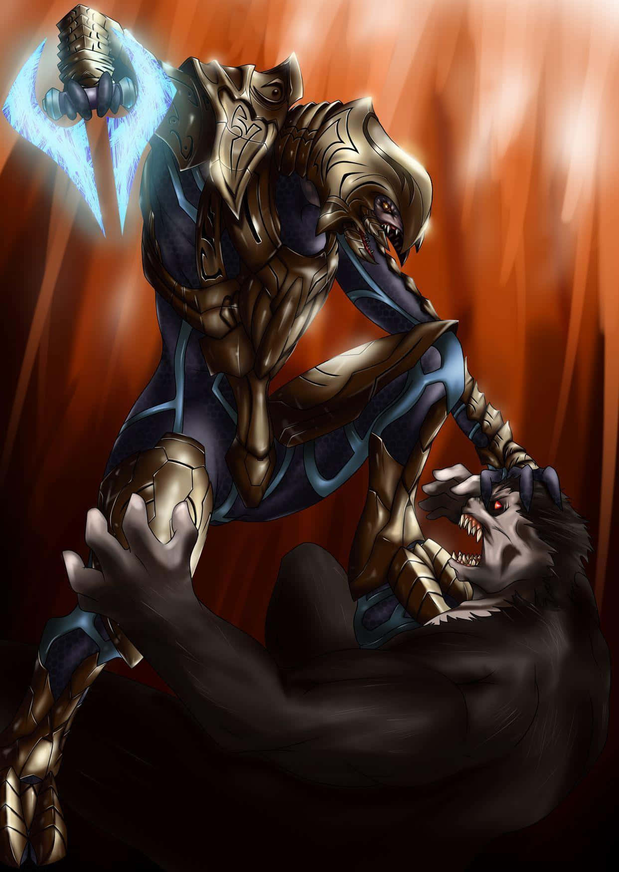 Halo Arbiter 桌布 壁紙 — 一名身穿金色盔甲的戰士，手持發光的藍色劍，在熾熱的橙色背景下壓制著一頭咆哮的黑色野獸。