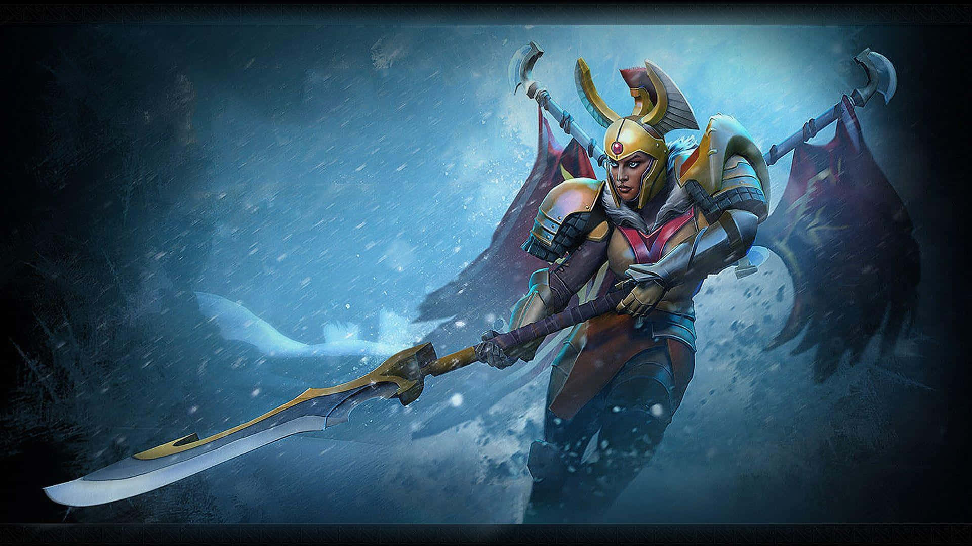 Legion Commander 桌布 壁紙 — 一名身穿金色盔甲的戰士在風暴肆虐的藍色戰場上揮舞長劍和斧頭，雪花飛舞。