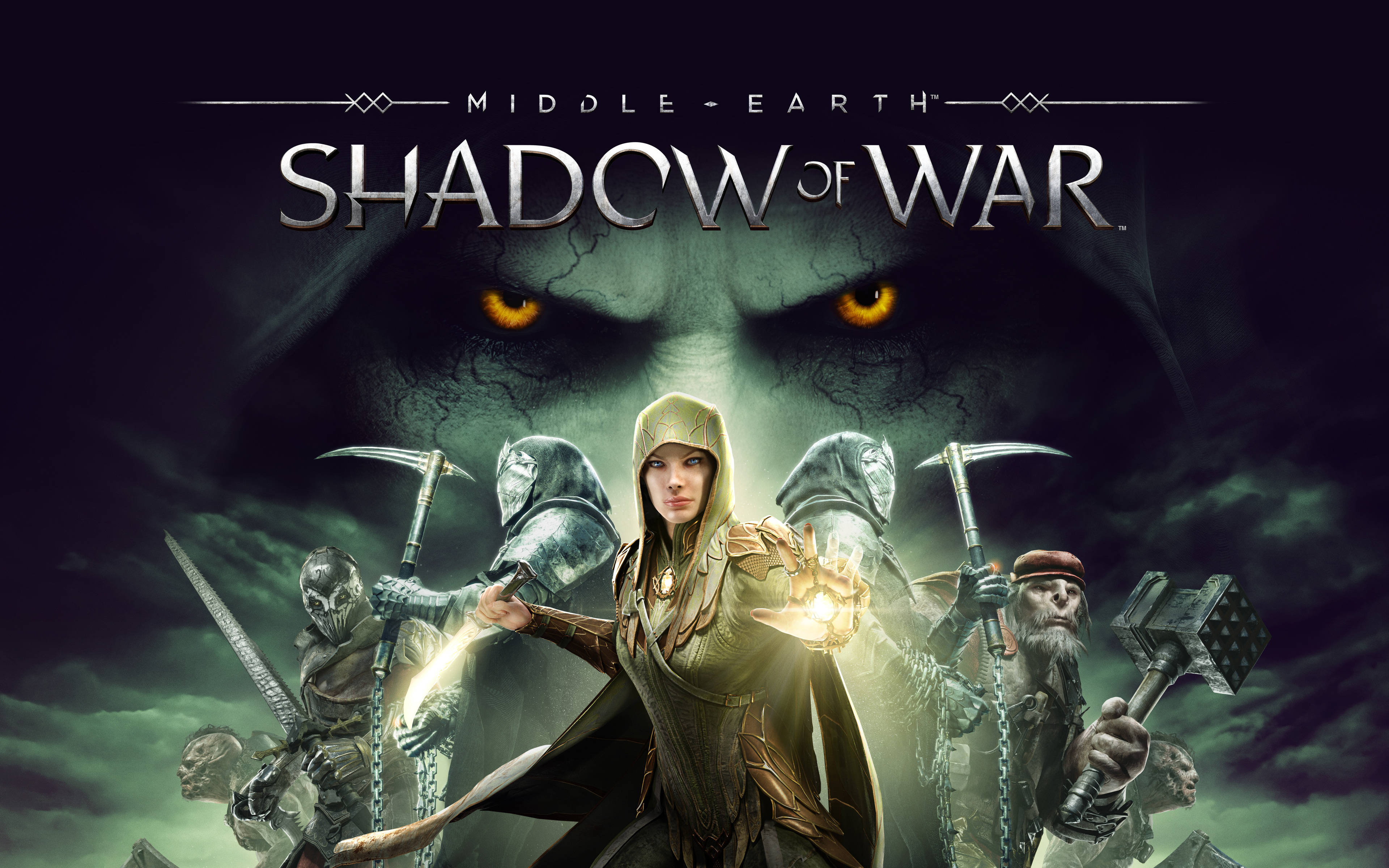 shadow of war 4K 桌布 壁紙 — 一名身穿金色盔甲的戰士挑釁地站在一個帶有發光橙色眼睛的陰影面孔前，周圍是裝甲士兵，背景是黑暗暴風雨的天空。