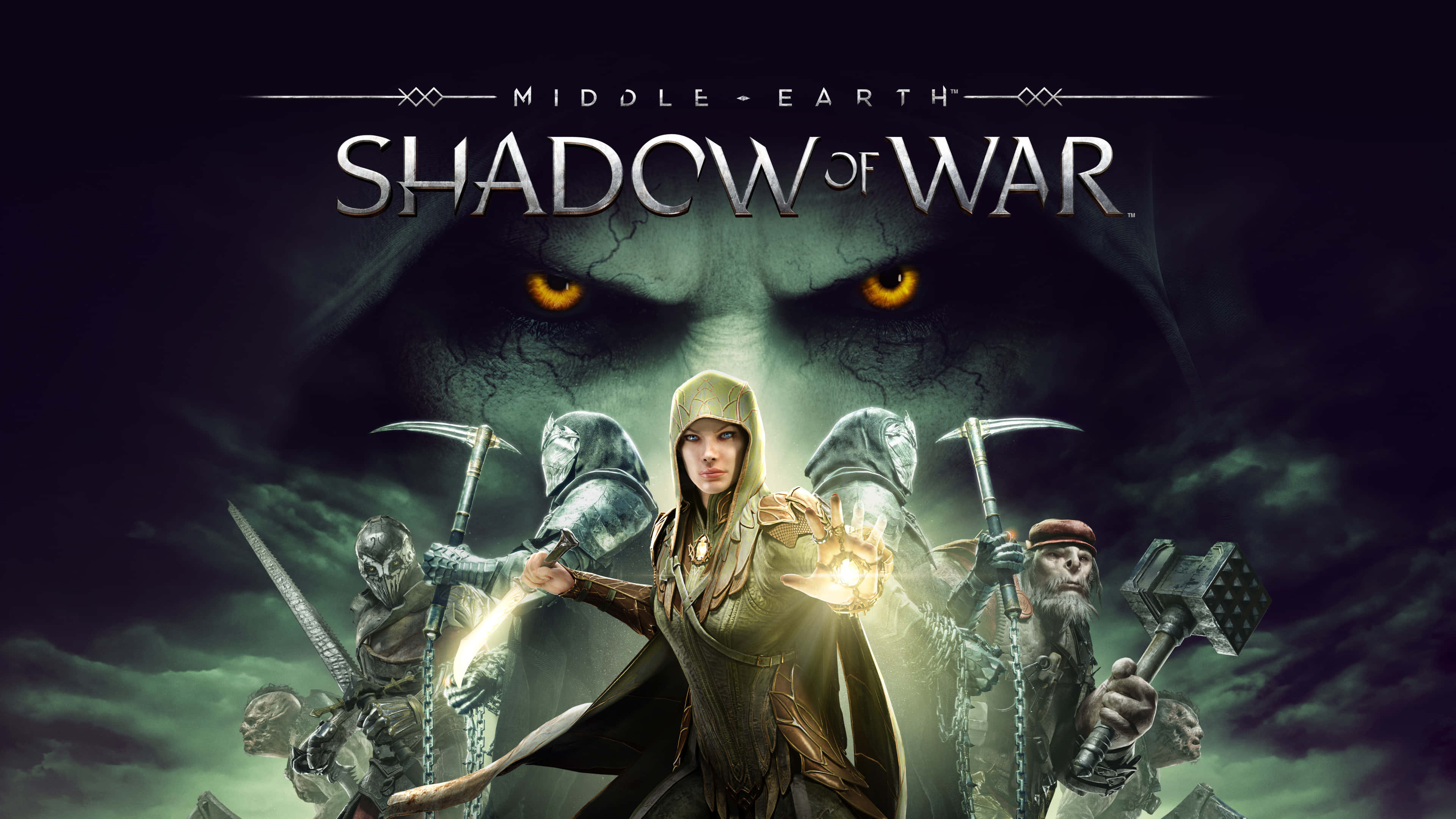 4K Shadow Of War 桌布 壁紙 — 一名身穿金色盔甲的戰士挑釁地站在一個帶有發光橙色眼睛的迫近黑暗面孔前，周圍是裝甲盟友，身處風暴肆虐、不祥的風景中。