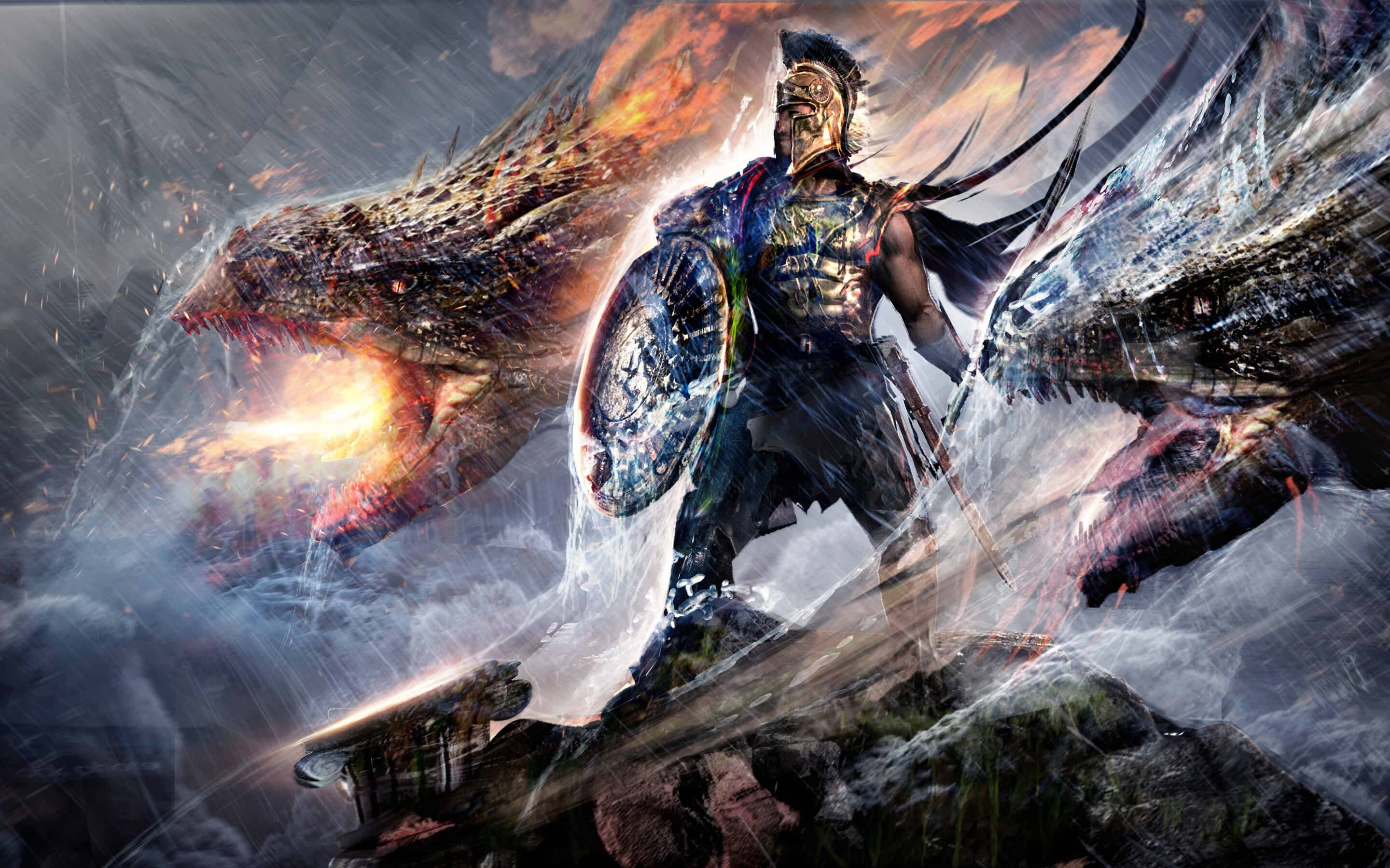 Spartan 桌布 壁紙 — 一名身穿金色盔甲的戰士挑釁地站在懸崖上，身後一條巨龍正在噴火。