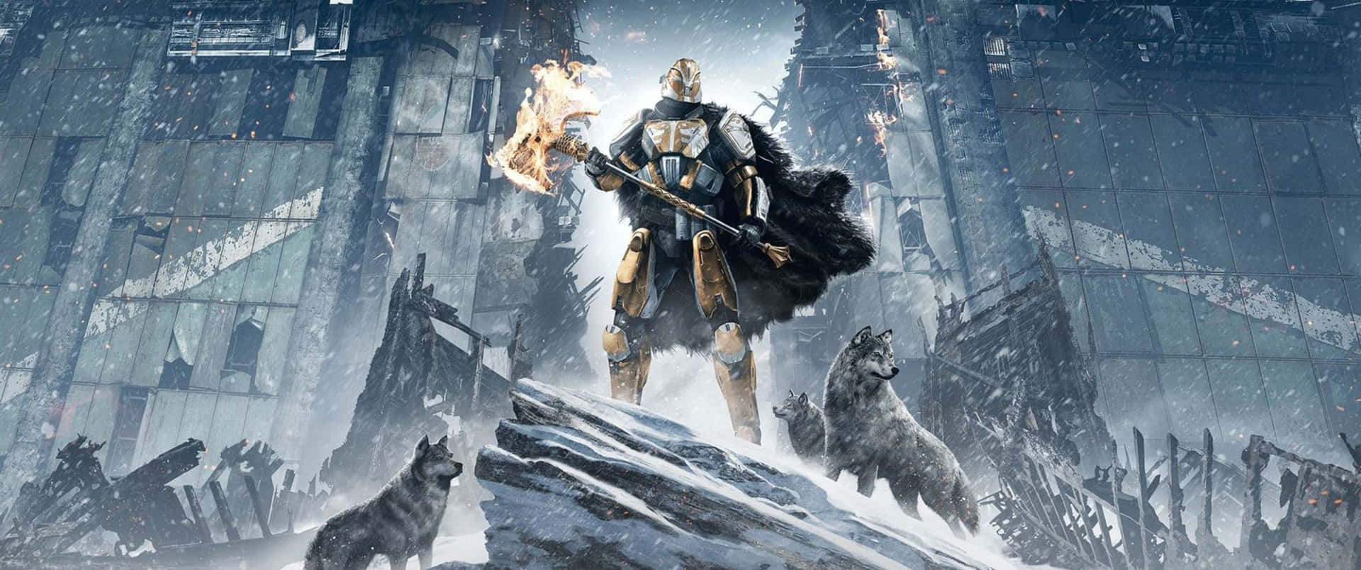 Destiny 2 桌布 壁紙 — 一名身穿金色盔甲的戰士站在雪覆蓋的廢墟上，手持火焰斧頭，腳邊有狼。