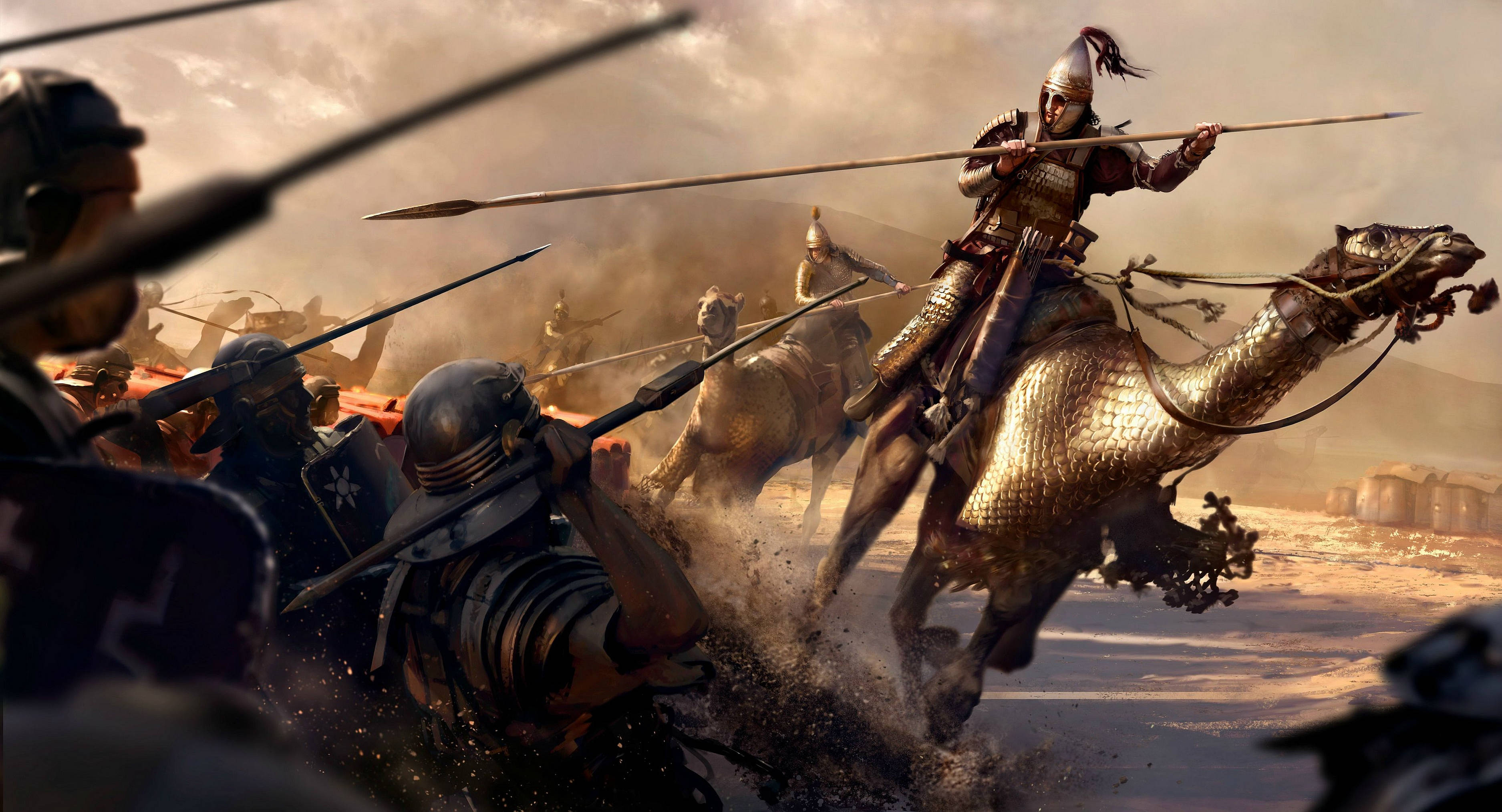 Carthage 桌布 壁紙 — 一名身穿金色盔甲的戰士騎著衝鋒的駱駝，穿越塵土飛揚的戰場，士兵們用長矛戰鬥。
