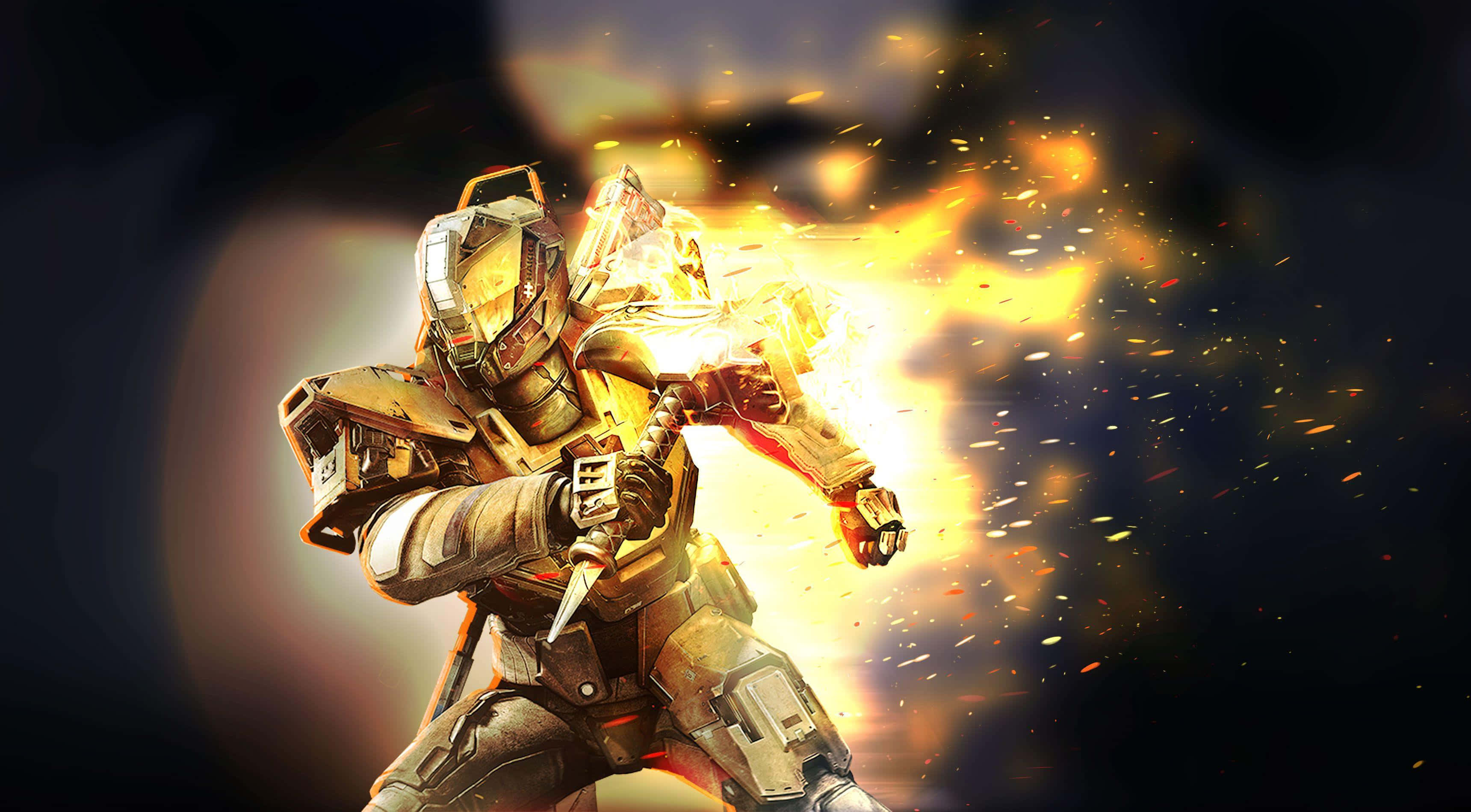Titan Destiny 2 4K 桌布 壁紙 — 一名身穿金色盔甲的未來士兵在黑暗背景下從發光武器中釋放出火焰爆炸。