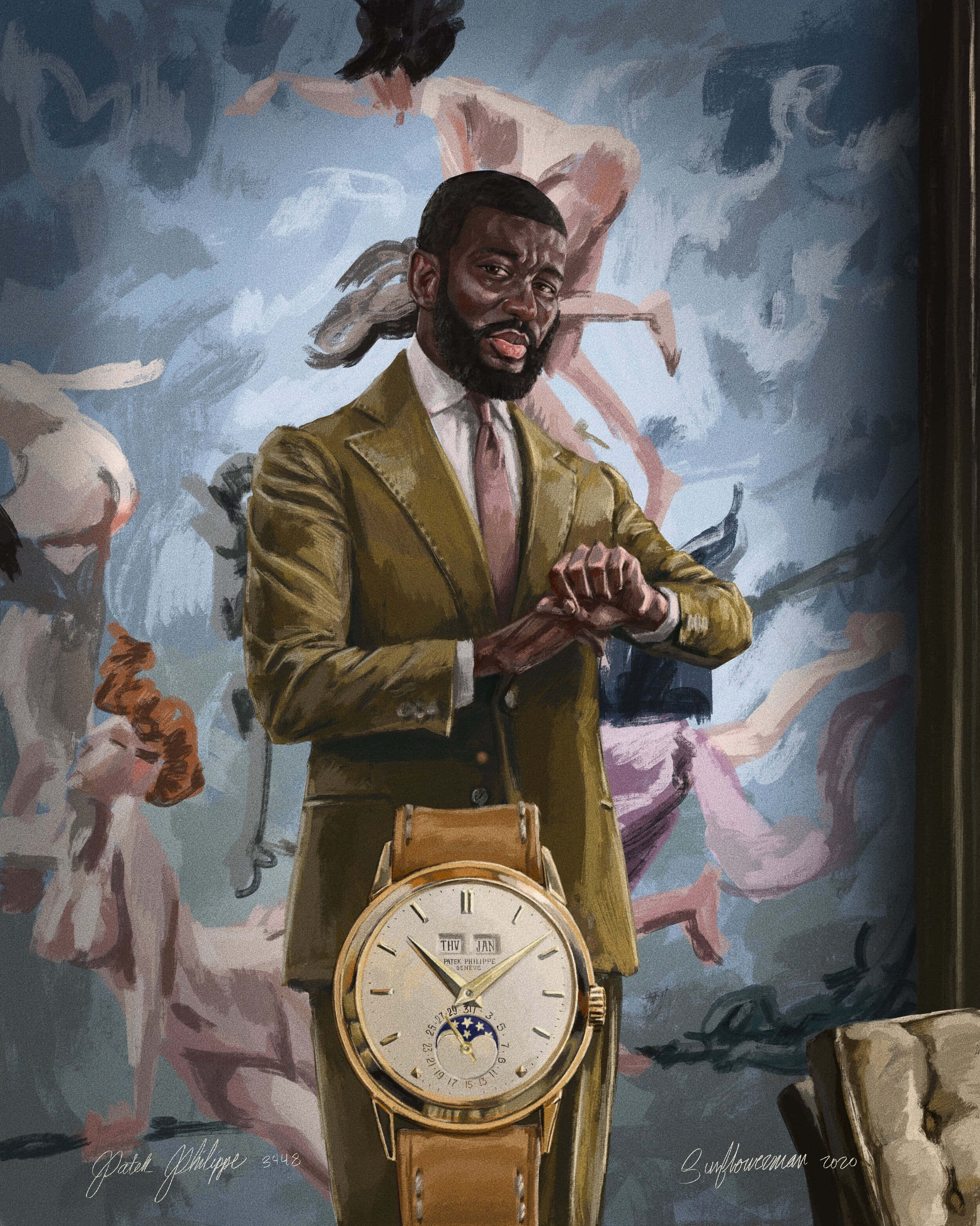 Painting 桌布 壁紙 — 一名身穿金色西裝的男子在超現實的漂浮人物和暴風雨天空背景下檢查他的奢華手錶。