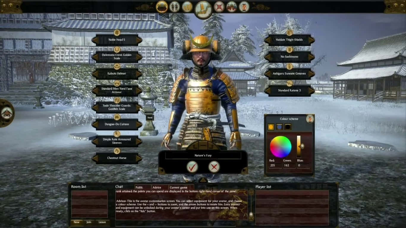電玩遊戲 桌布 壁紙 — 一名身穿金色鎧甲的武士站在雪中的日本庭院，可見自訂用的UI選單。