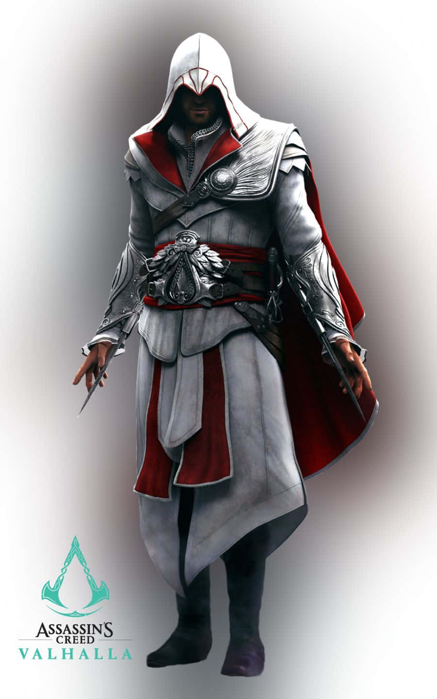 game 桌布 壁紙 — 一名身穿銀紅色盔甲的兜帽刺客，在柔和漸變背景前拔出隱藏刀刃，蓄勢待發。