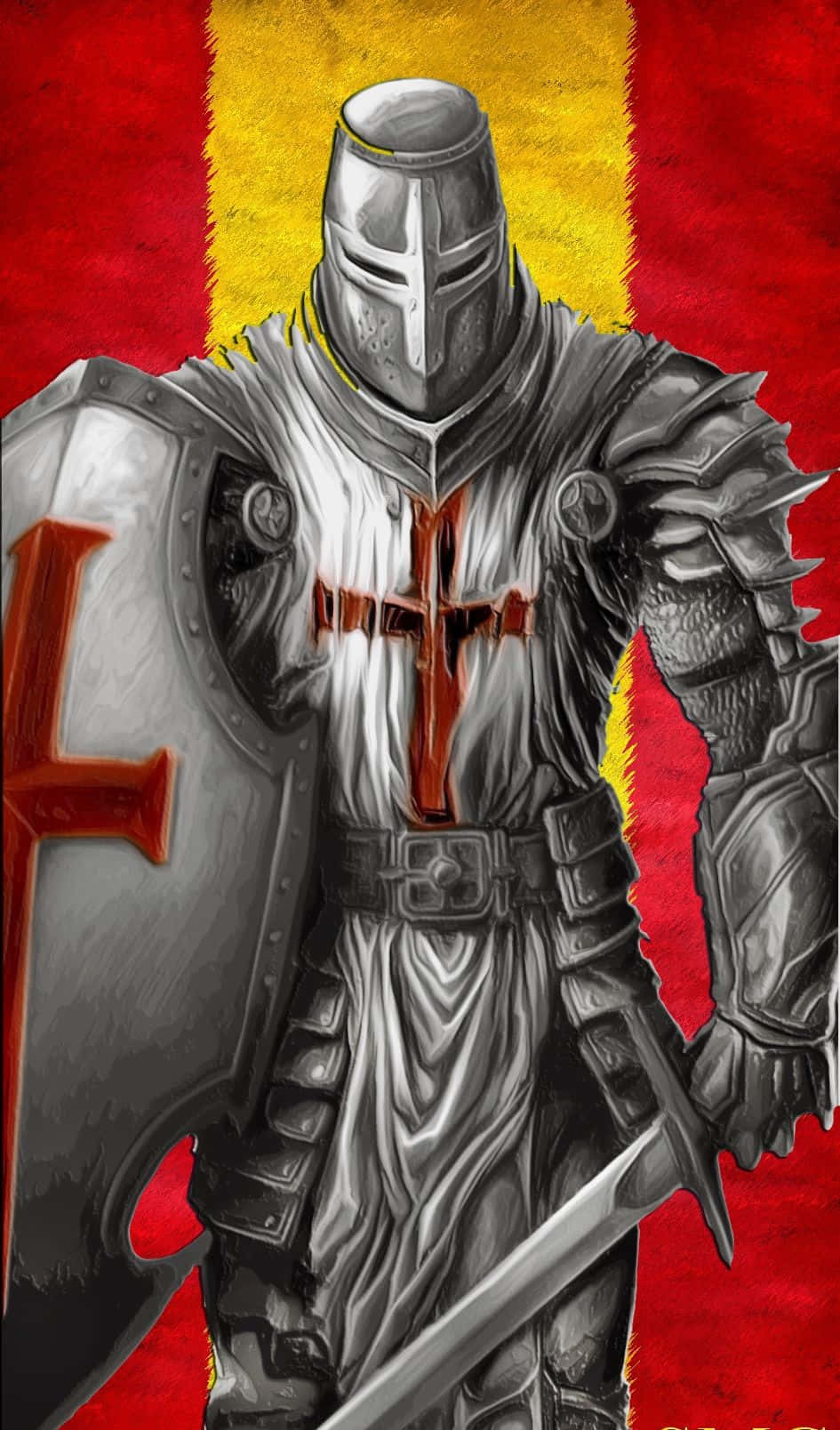 Crusader 桌布 壁紙 — 一名身穿銀色盔甲、帶有紅色十字的騎士，站在大膽的紅黃色背景前，手持盾牌和劍。