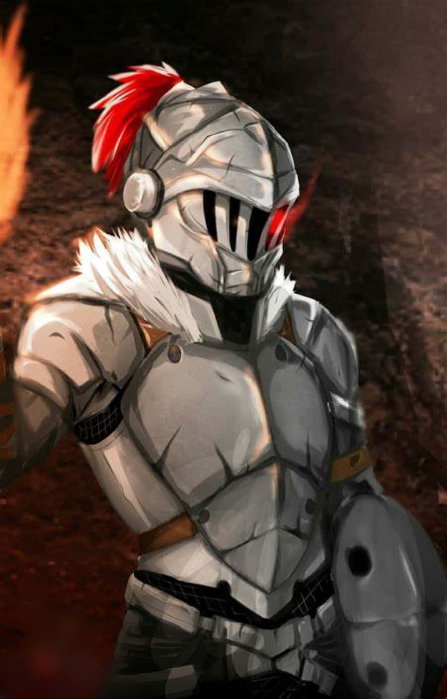 Goblin Slayer 桌布 壁紙 — 一名身穿銀色盔甲、戴著紅色羽毛、眼睛發出紅光的騎士站在熾熱的戰場上。