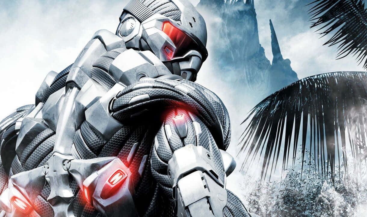 720p Crysis 3 桌布 壁紙 — 一名身穿銀色盔甲、擁有發光紅色眼睛和燈光的未來戰士，站在暴風雨的天空和棕櫚葉之間。