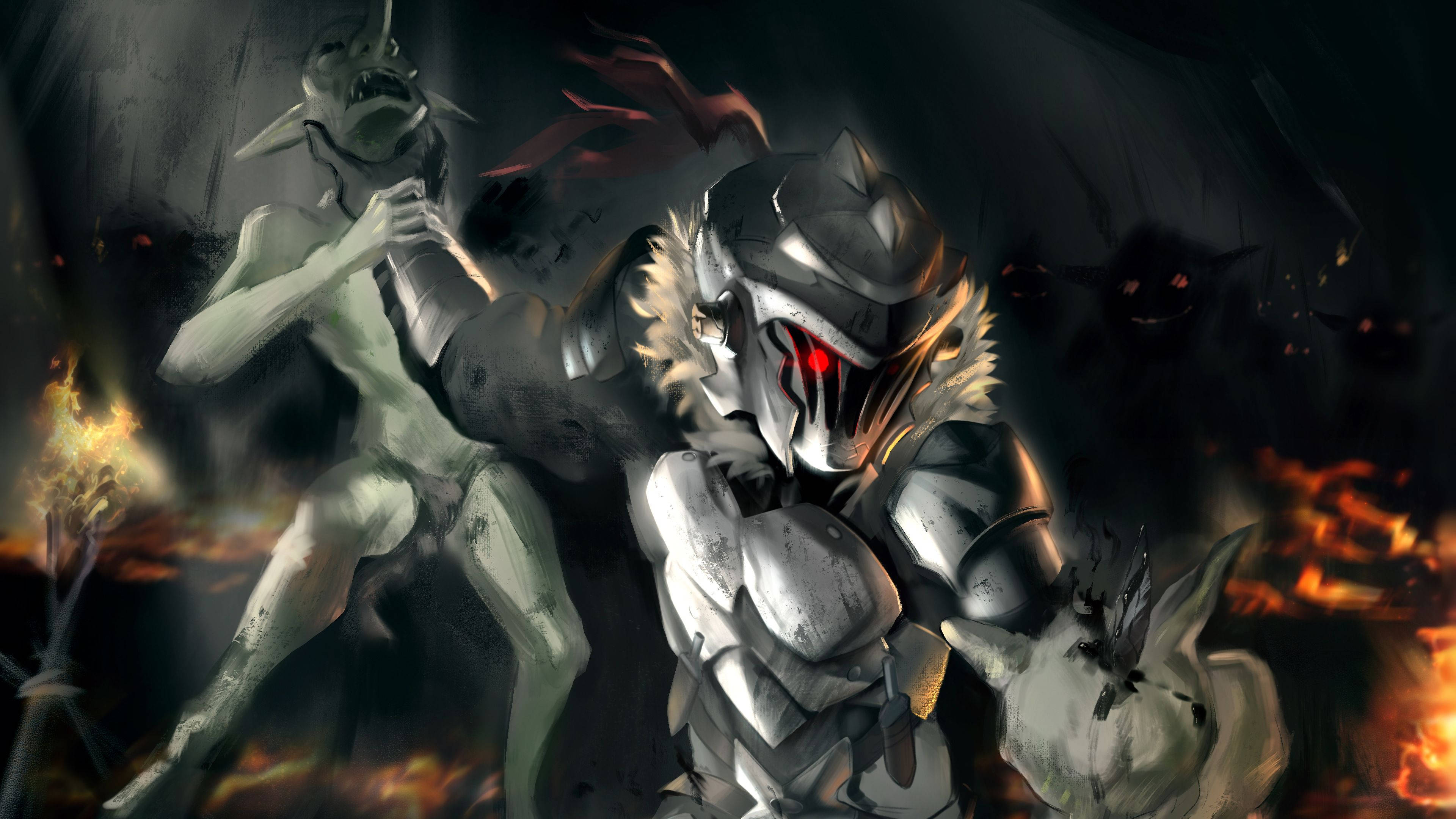 Goblin Slayer 桌布 壁紙 — 一名身穿銀色盔甲、眼睛發出紅光的騎士，在熊熊烈火和黑暗陰影中與綠色皮膚的惡魔戰鬥。