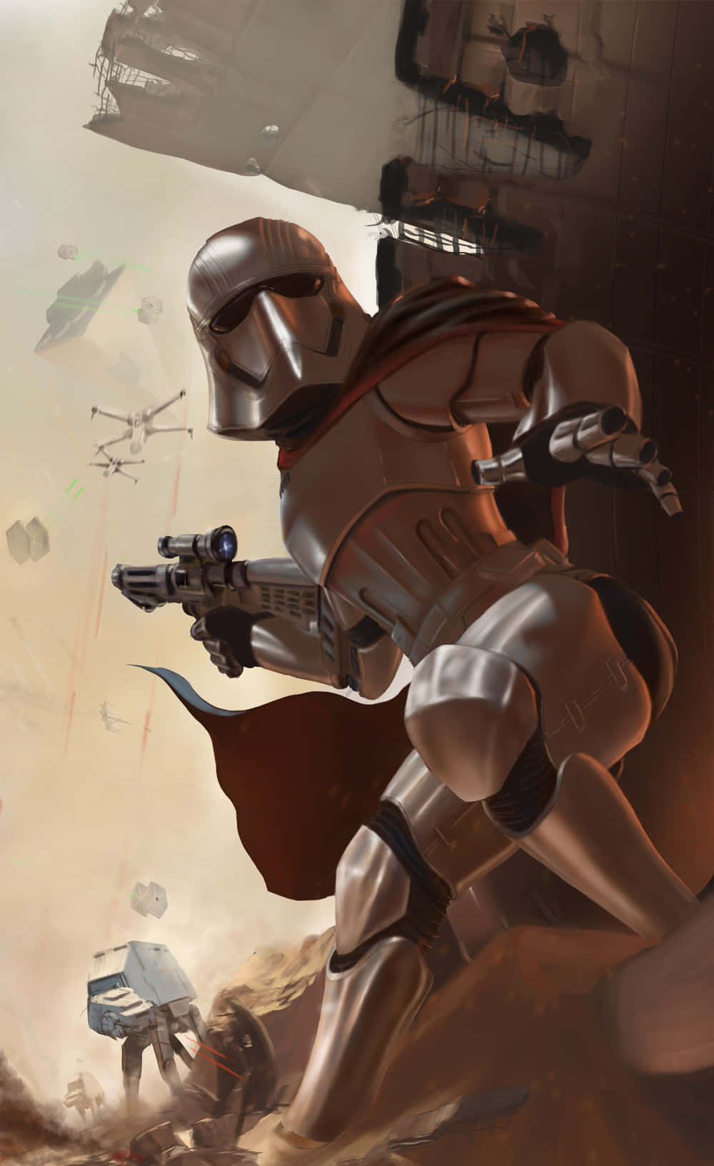 The Battle Of Jakku 桌布 壁紙 — 一名身穿銀色盔甲和紅色斗篷的風暴兵在塵土飛揚的戰場上準備就緒，背景有AT-AT步行機和星際戰鬥機。