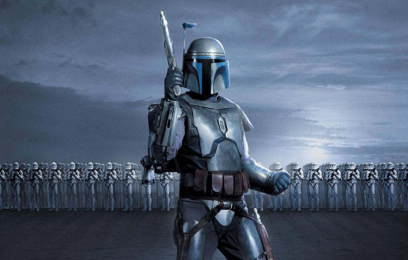 Mandalorian Pc 桌布 壁紙 — 一名身穿銀色盔甲的曼達洛戰士手持爆能槍挑釁地站立，在暴風雨黃昏的天空下，兩旁是成排的風暴兵。