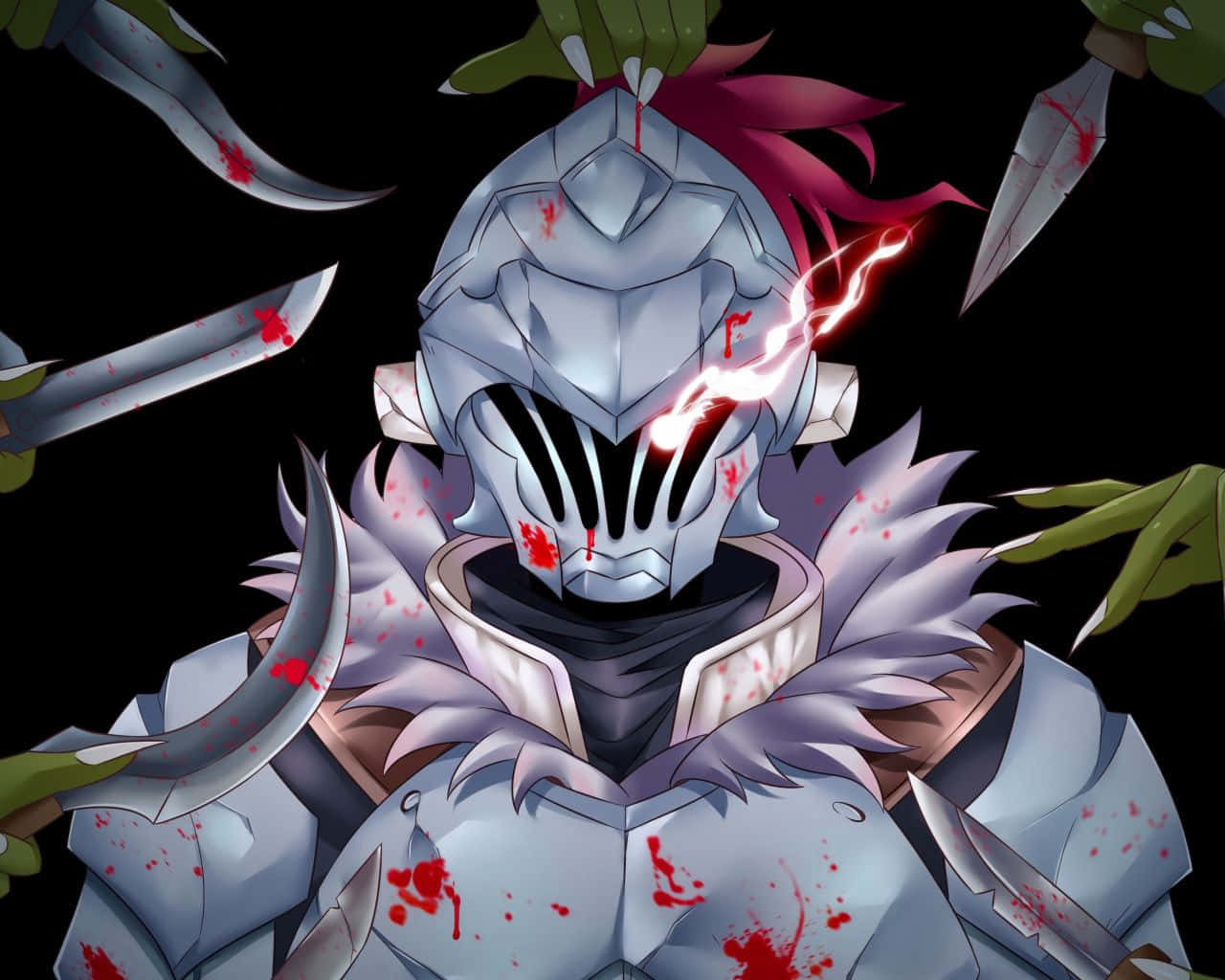 Goblin Slayer 桌布 壁紙 — 一名身穿銀色盔甲的騎士，眼睛發出紅光，身上濺滿鮮血，在黑色背景前面對多把刀。
