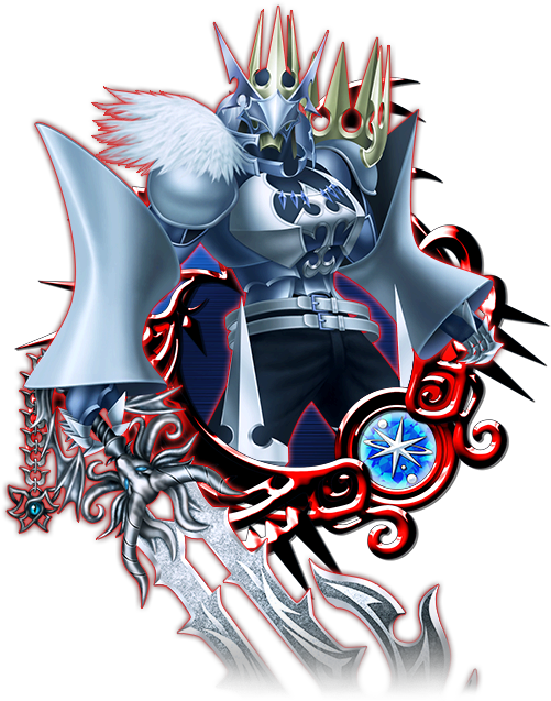 Kingdom Hearts 桌布 壁紙 — 一名身穿銀色盔甲的騎士，頭戴尖刺王冠，肩披白色羽毛護肩，手持一顆被紅色華麗圖案環繞的發光藍色星體，背景為黑色。