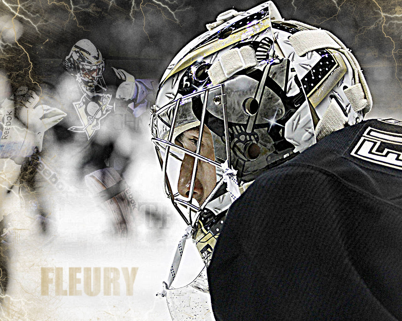 hockey 桌布 壁紙 — 一名身穿銀黑色裝備的冰球守門員專注地凝視，身後冰場上閃電劈啪作響。