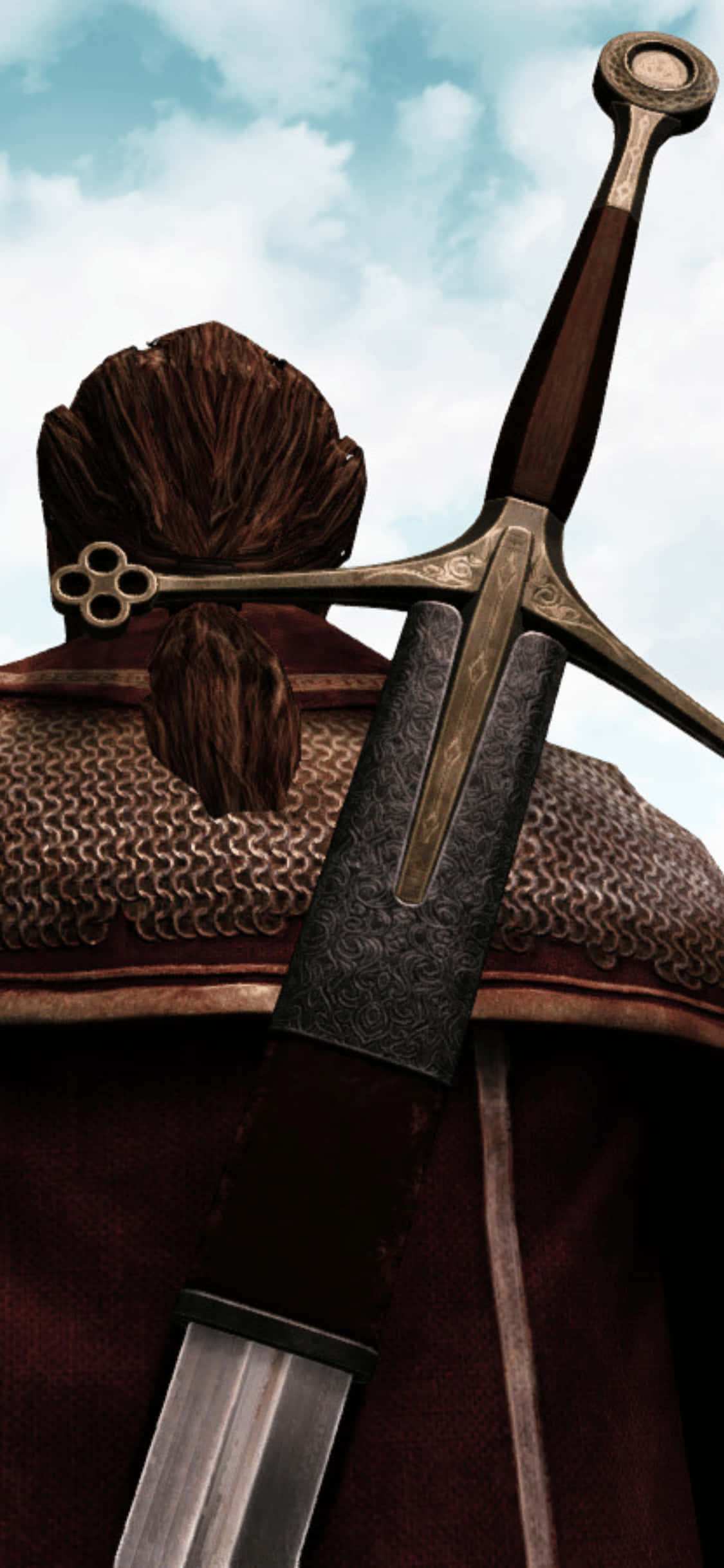 iPhone Xs Mordhau 桌布 壁紙 — 一名身穿鎖子甲和紅色斗篷的騎士，在陰雲密佈的天空下手持一把細節華麗的劍。