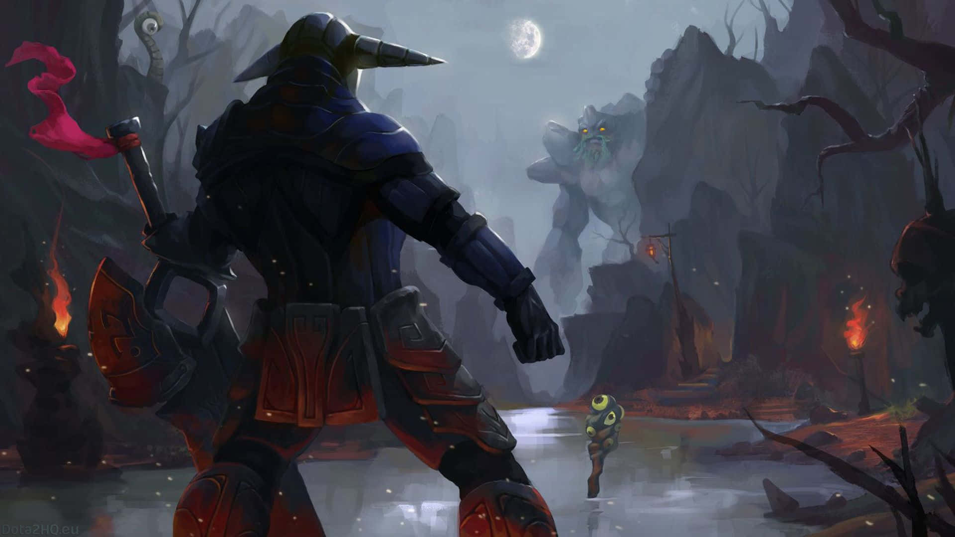Dota 2 Sven 桌布 壁紙 — 一名身穿鎧甲的戰士站在霧氣瀰漫、月光照耀的森林中，面對一個眼睛發光的幽靈巨人。